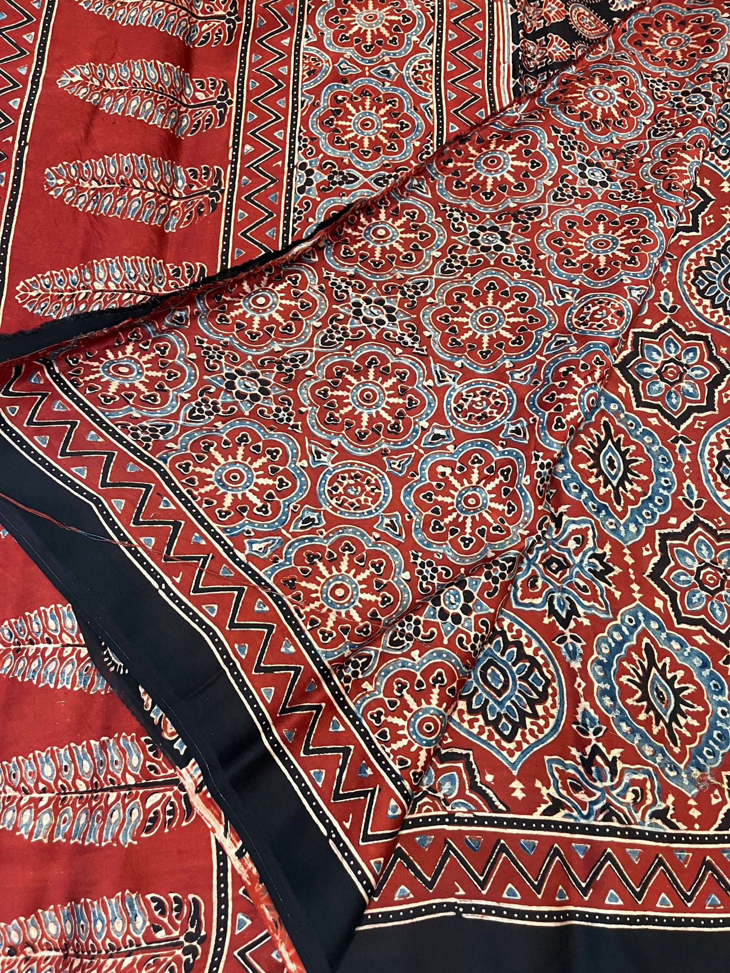 Ajrakh Modal Silk Saree -Red Badam Block