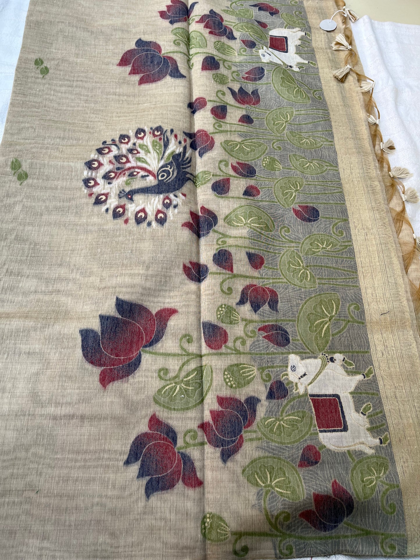 Chanderi Cotton Jamdani Saree - Beige Pichwai