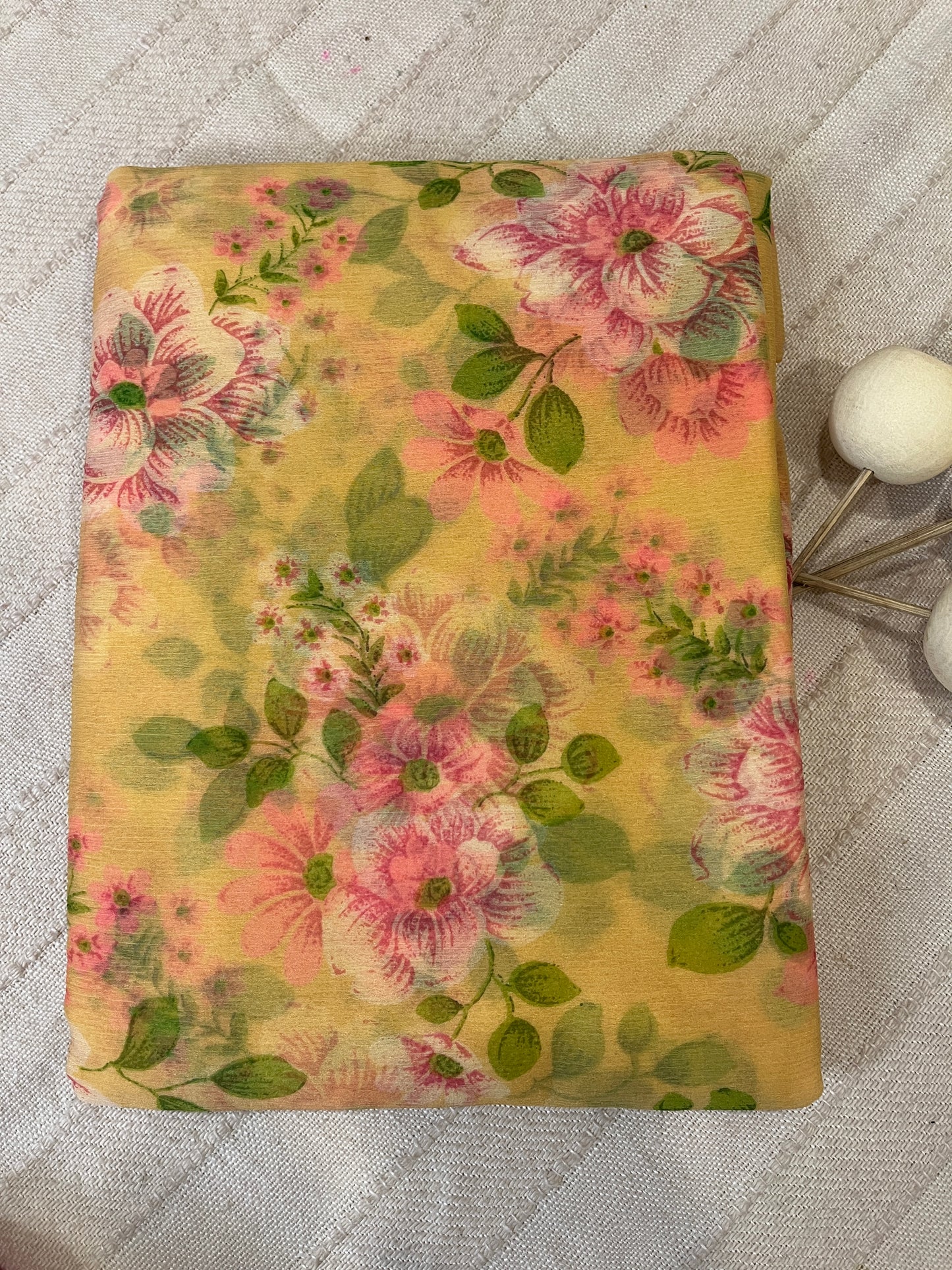 Semi Chiffon Floral Saree - Lime