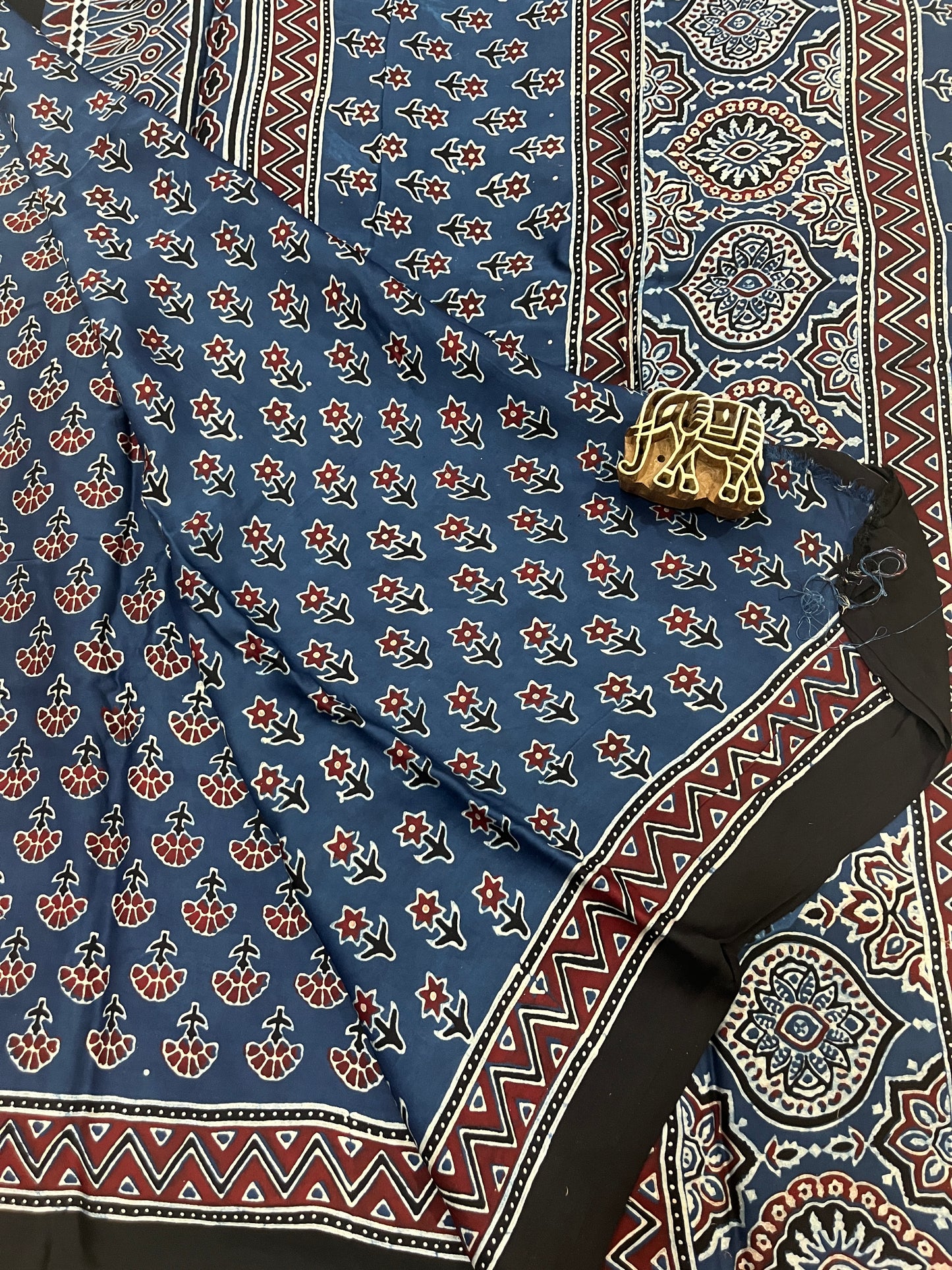 Ajrakh Modal Silk Saree - Indigo Flower Buttis