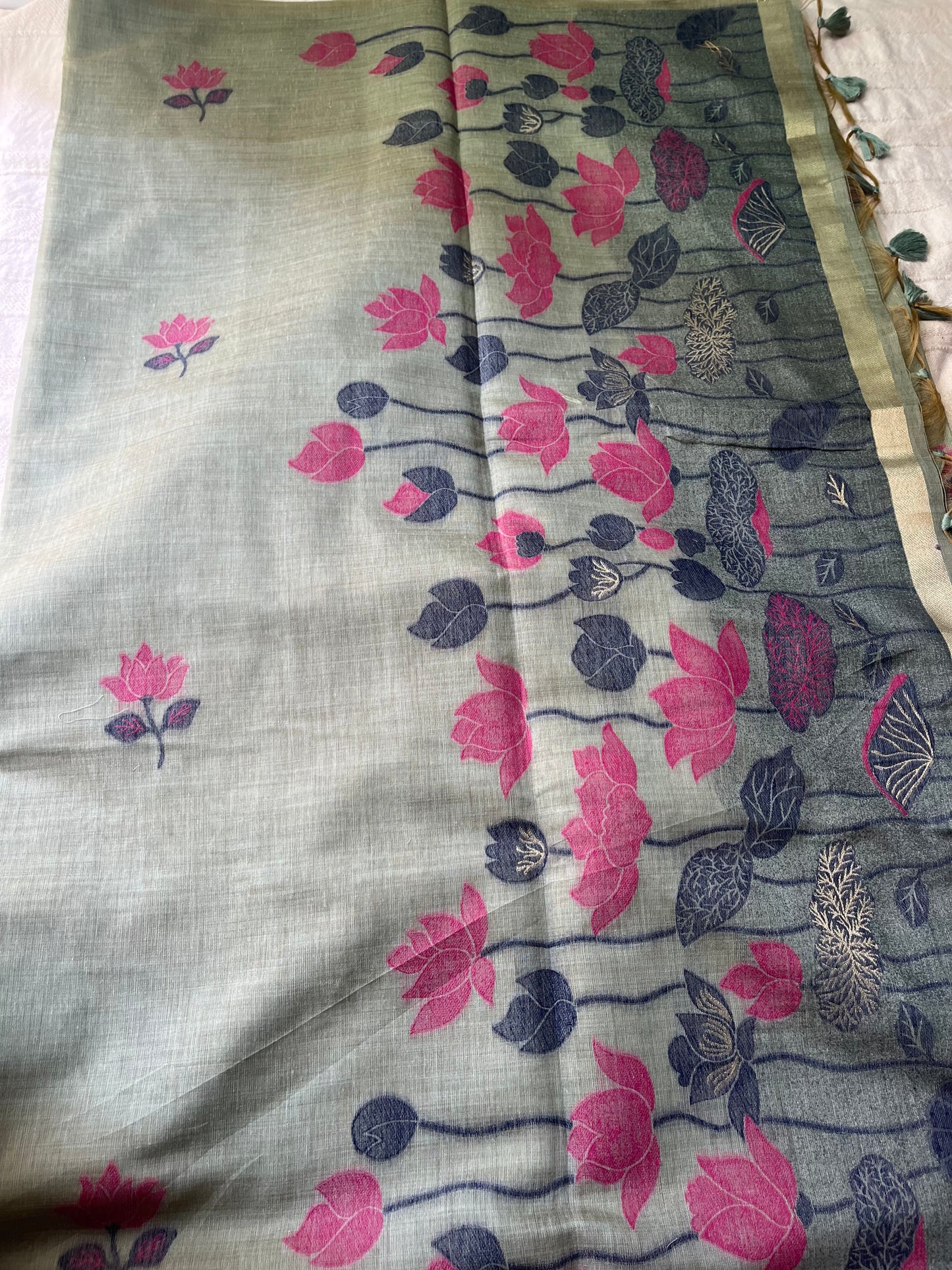 Chanderi Cotton Jamdani Saree - Sea Green Lotus Pond