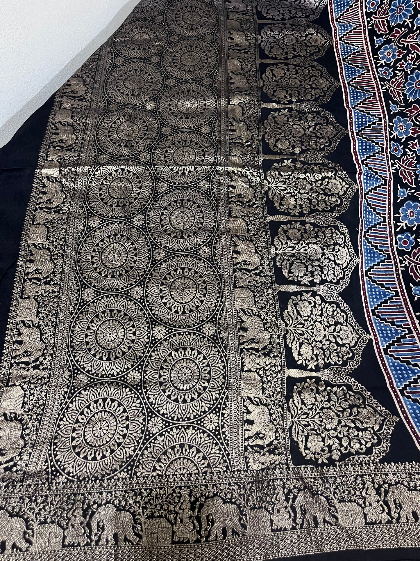 Ajrakh Dola Silk Saree - Black (with tassels)