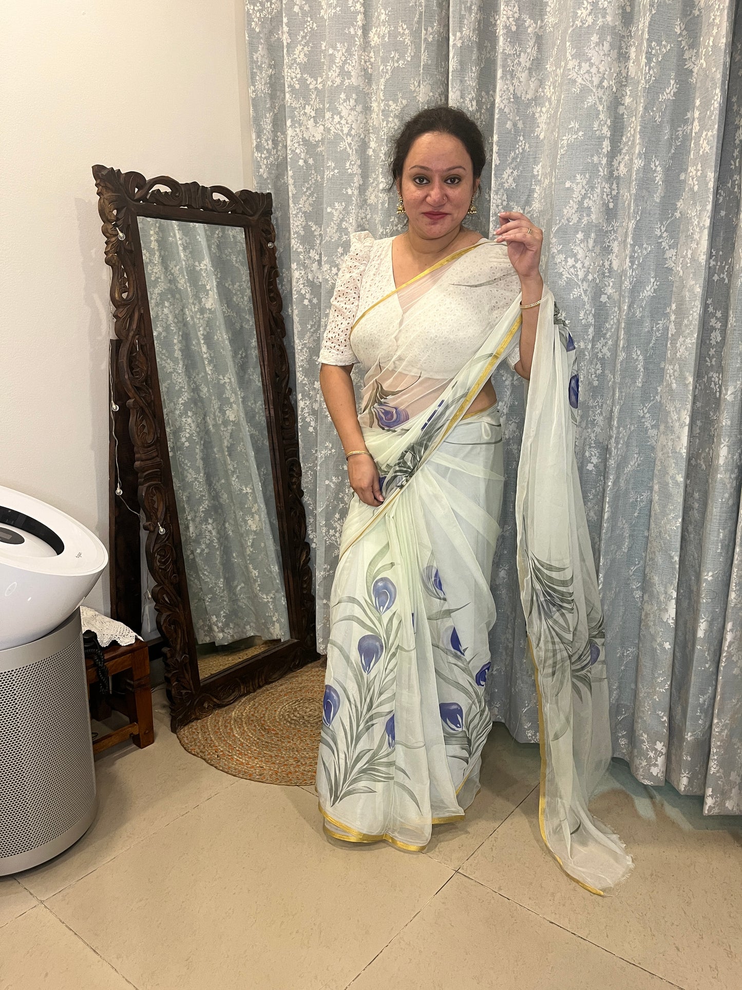 Hand-painted Chiffon Saree - Frost White