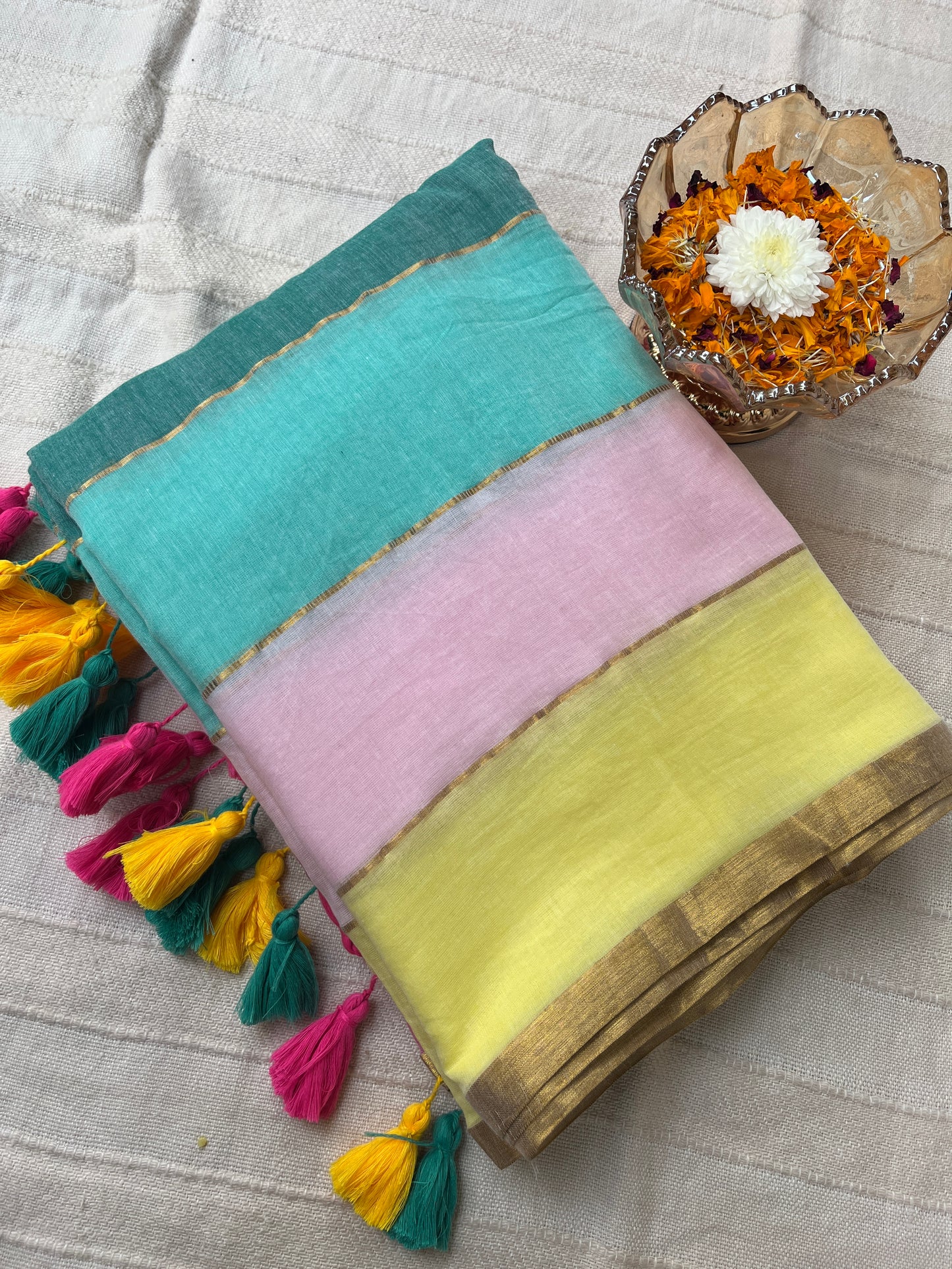 Multicolour Zari Stripes Mul Cotton Saree (No Blouse piece)