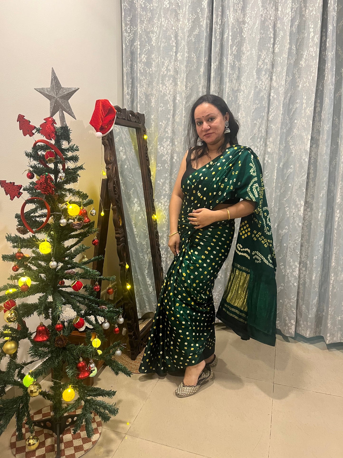 Bandhani Modal Silk saree with Tissue Palla - Bottle Green with White Yellow Bandhej