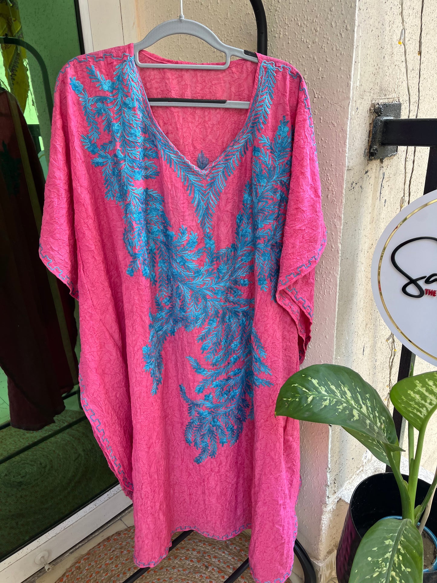 Crush Cotton Aariwork Kaftan - Pink