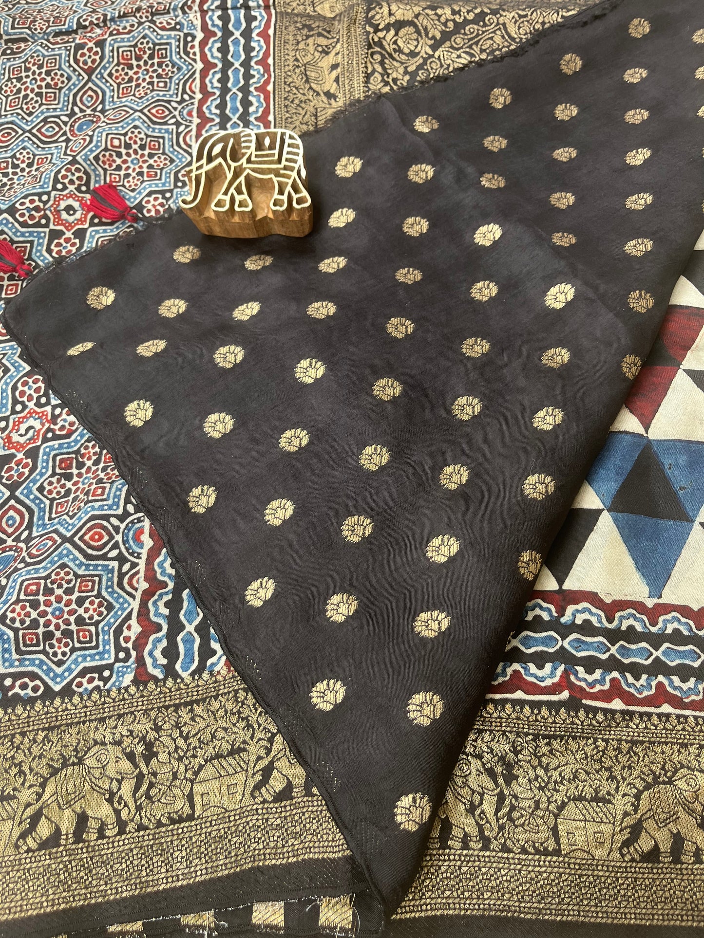 Ajrakh Dola Silk Saree - Black Geometric Pattern (with tassels)