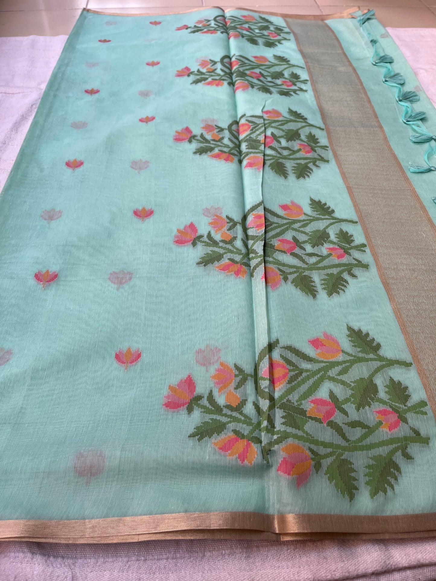 Chanderi Cotton Jamdani Saree - Pastel Sea-Green Lotus Motifs