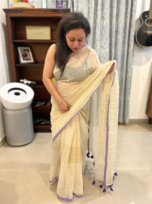 Zari Stripes Mul Cotton Saree - Off-white with Purple Border (No Blouse piece)