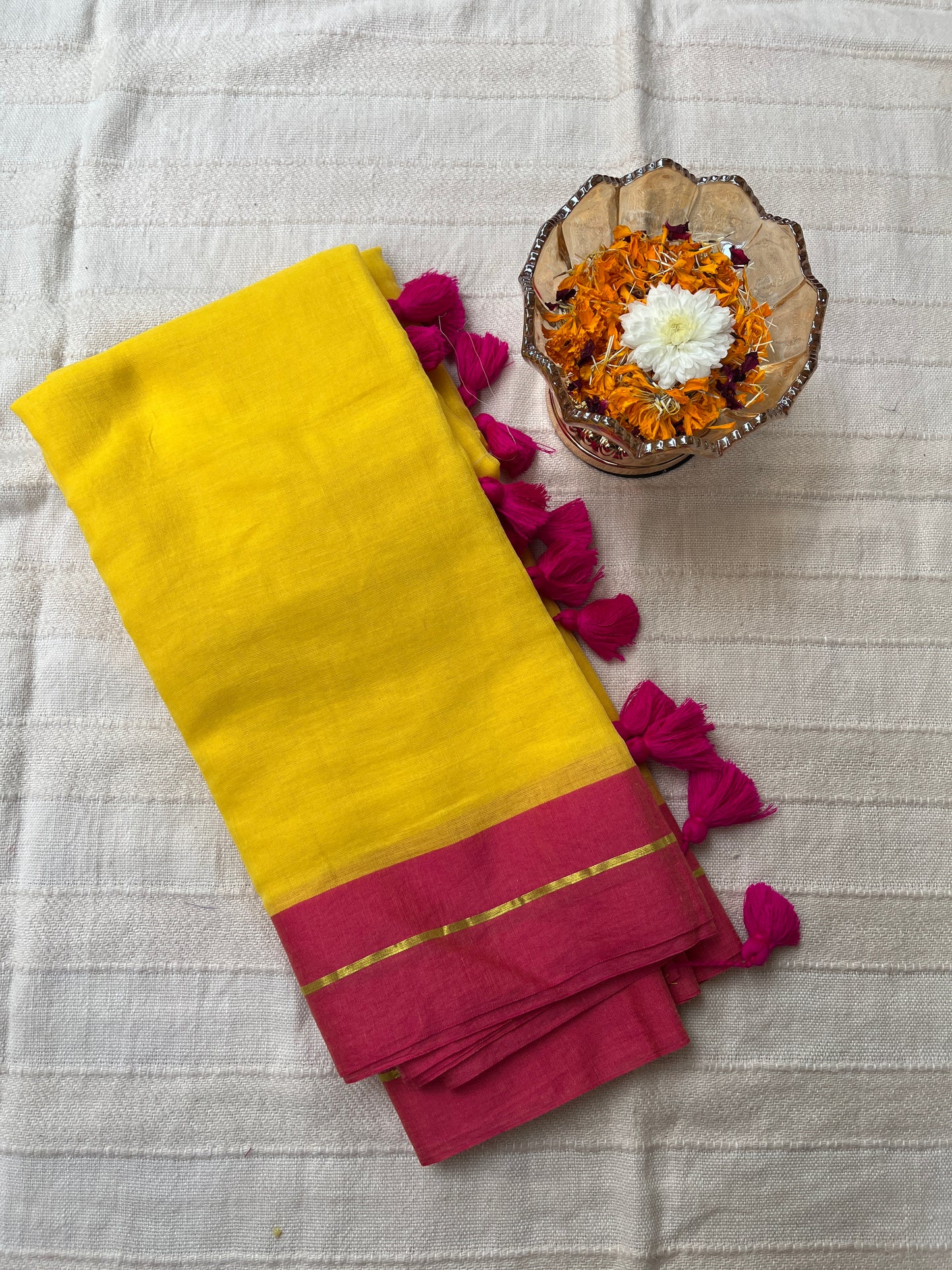 Zari Mul Cotton Saree - Yellow with Pink Border (No Blouse piece)