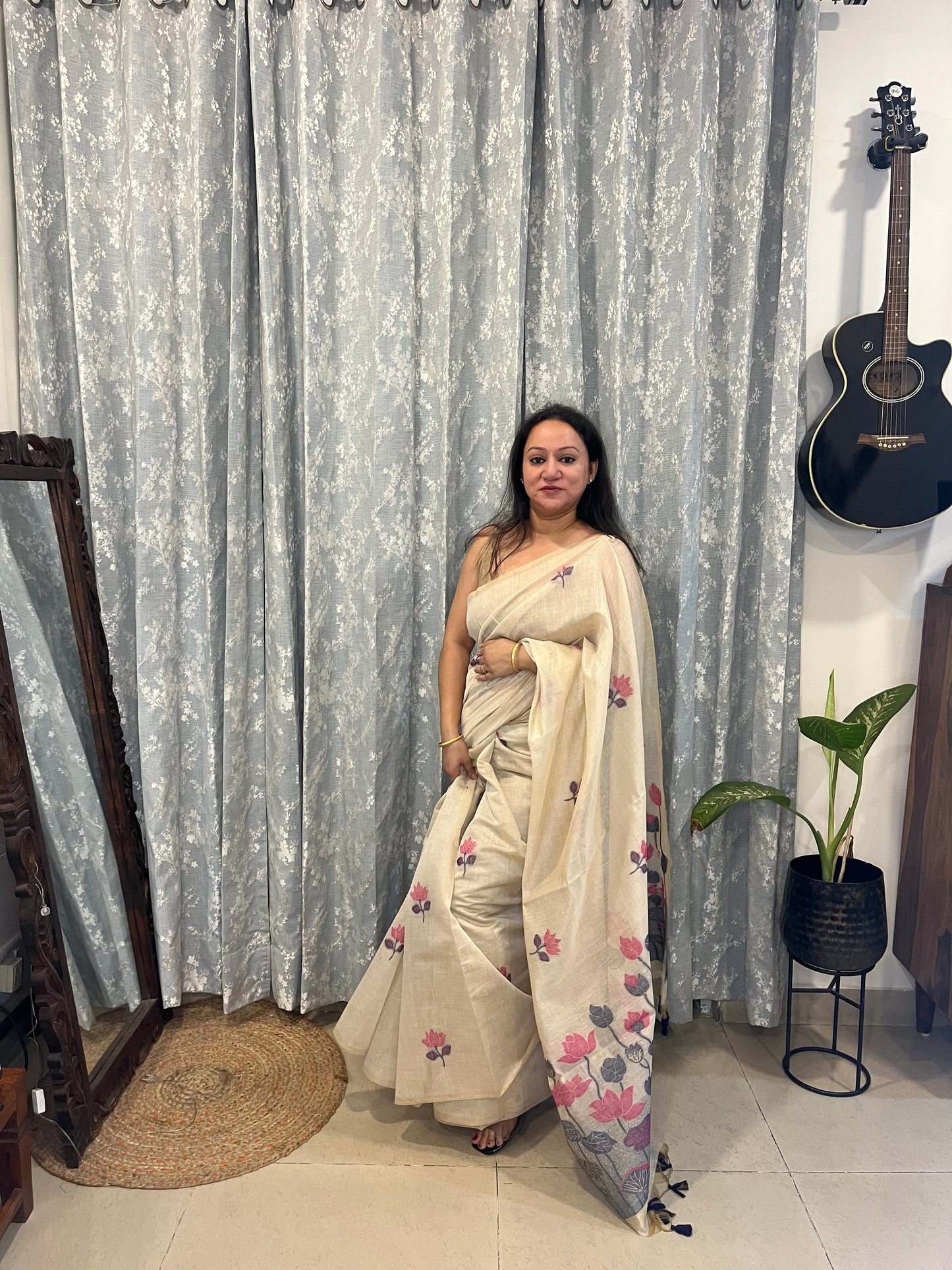 Chanderi Cotton Jamdani Saree - Pink Lotus Pond