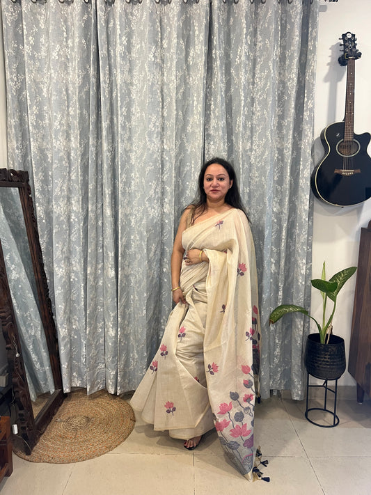 Chanderi Cotton Jamdani Saree - Pink Lotus Pond