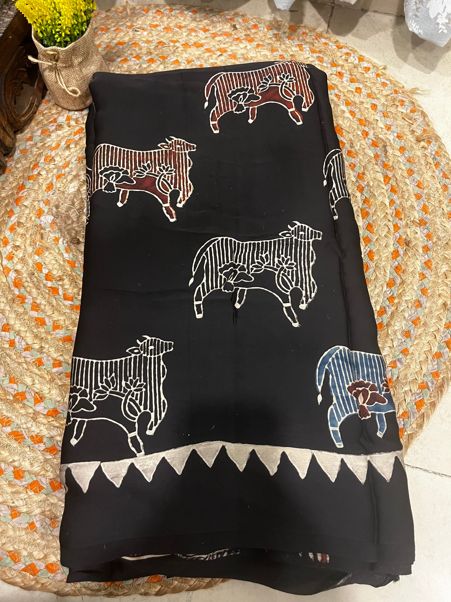 Pichwai Print Modal Silk Saree - Black