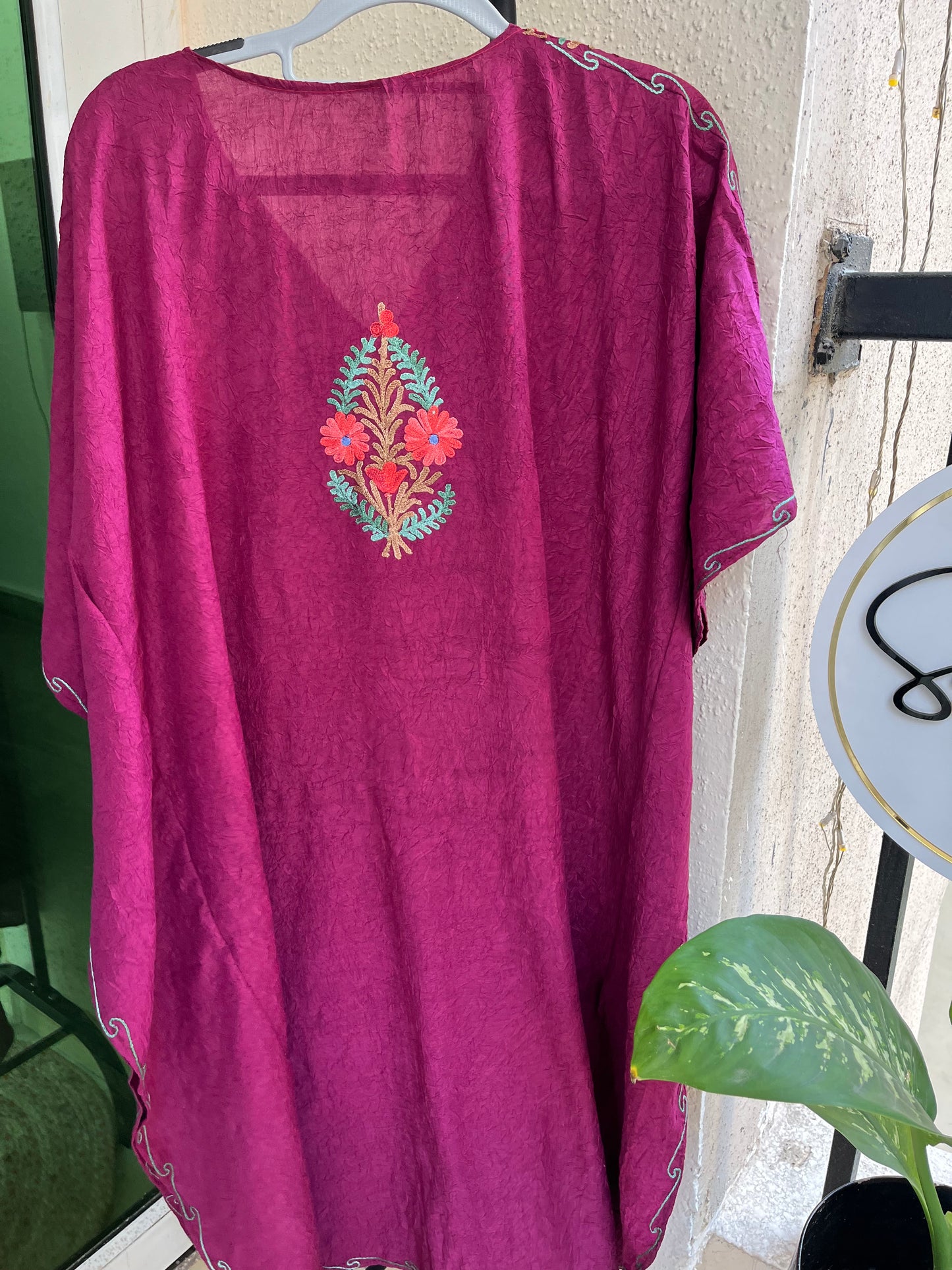 Crush Cotton Aariwork Kaftan - Wine