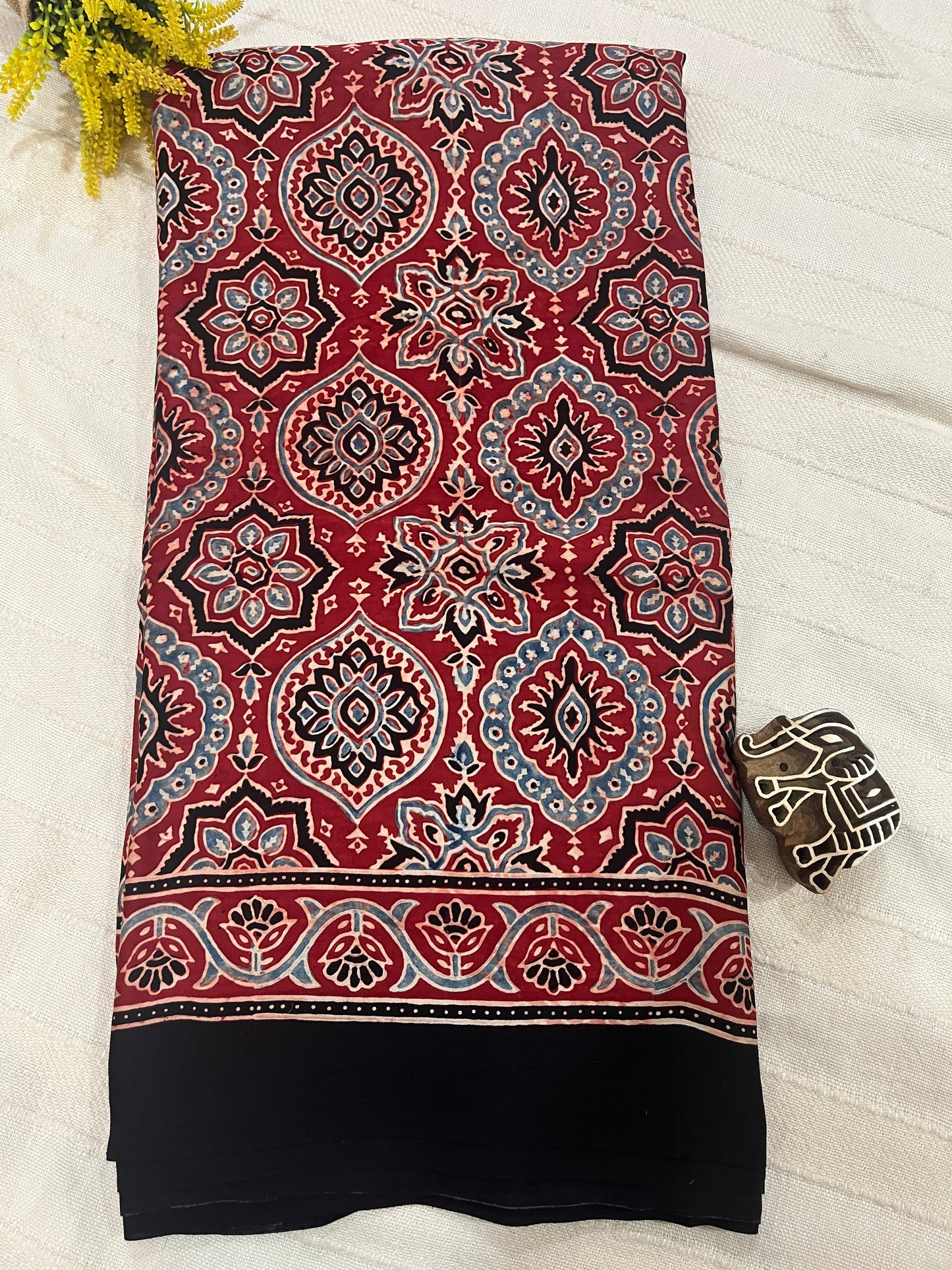 Ajrakh Modal Silk Saree -Red Badam Block