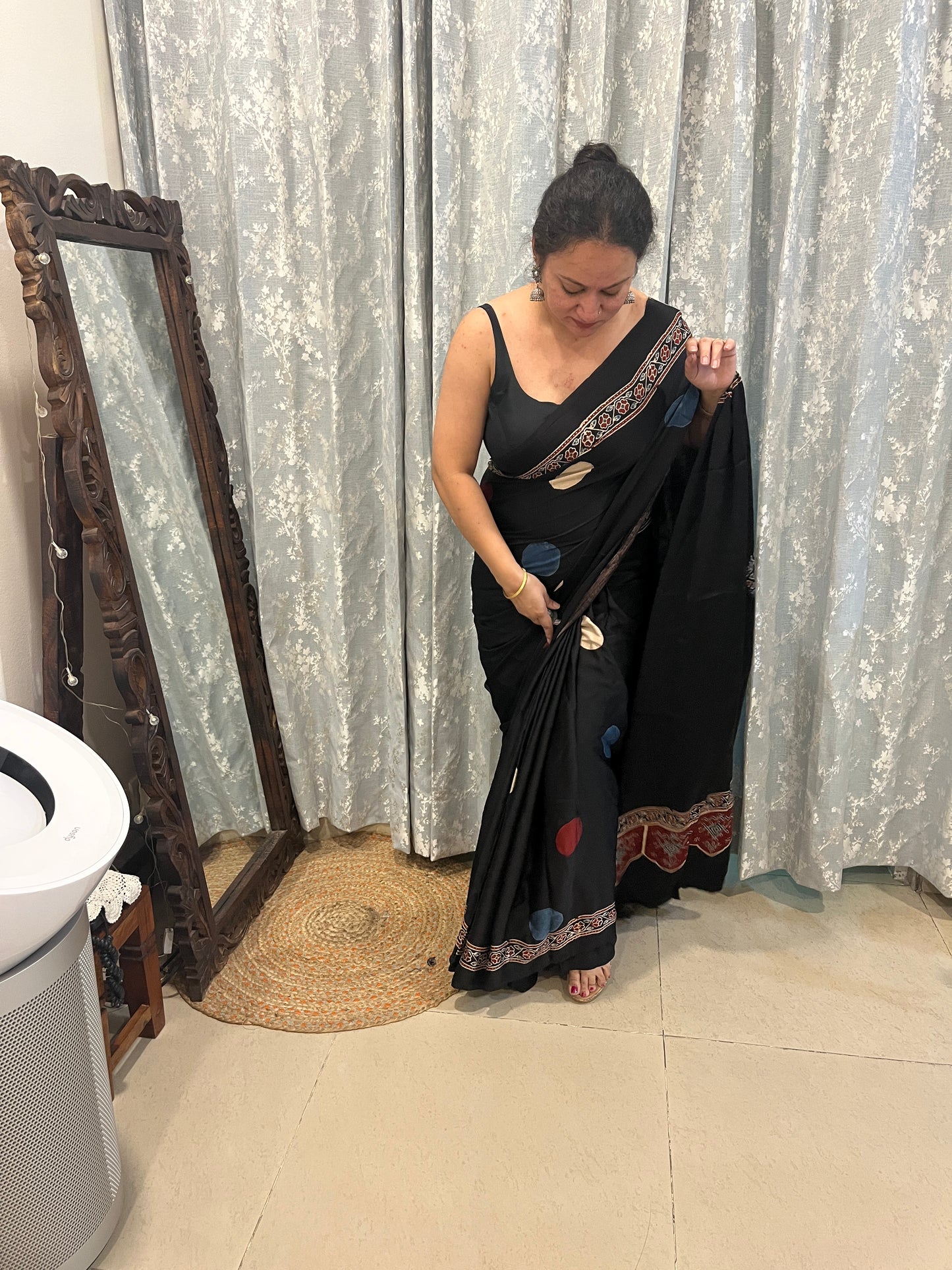 Contemporary Ajrakh Modal Silk Saree - Black Polka Dots
