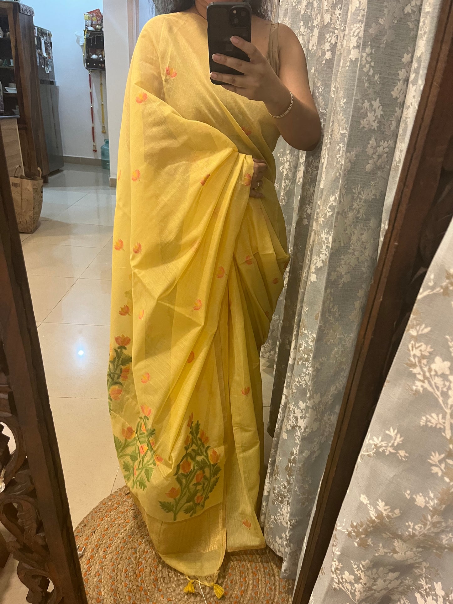 Chanderi Cotton Jamdani Saree - Lemon Yellow Lotus Motifs