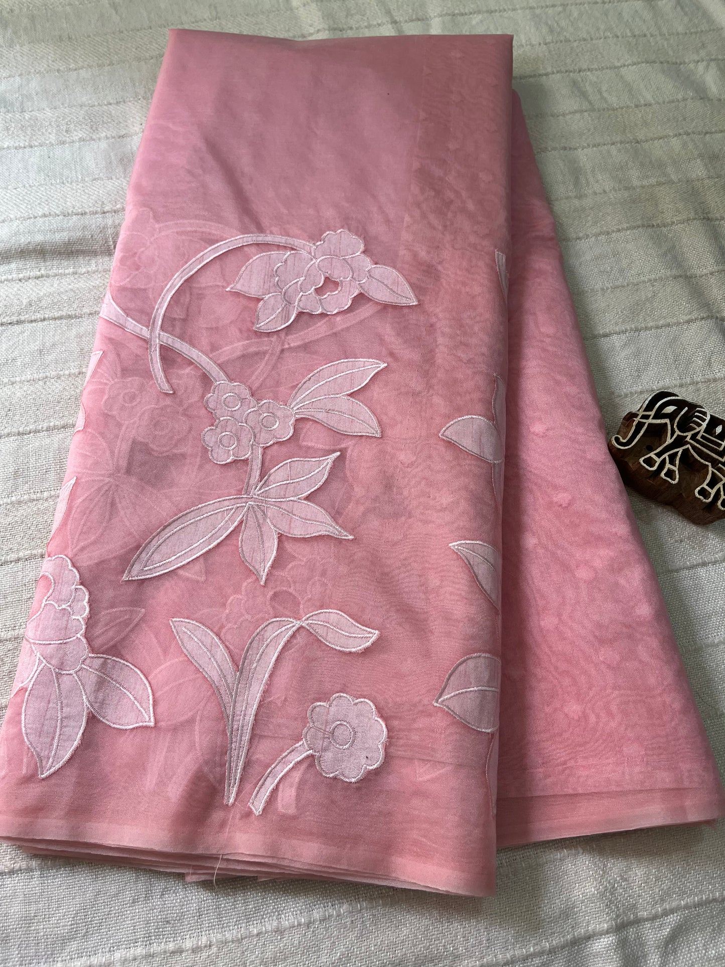 Pure Organza Applique Work Saree - Peachy Pink