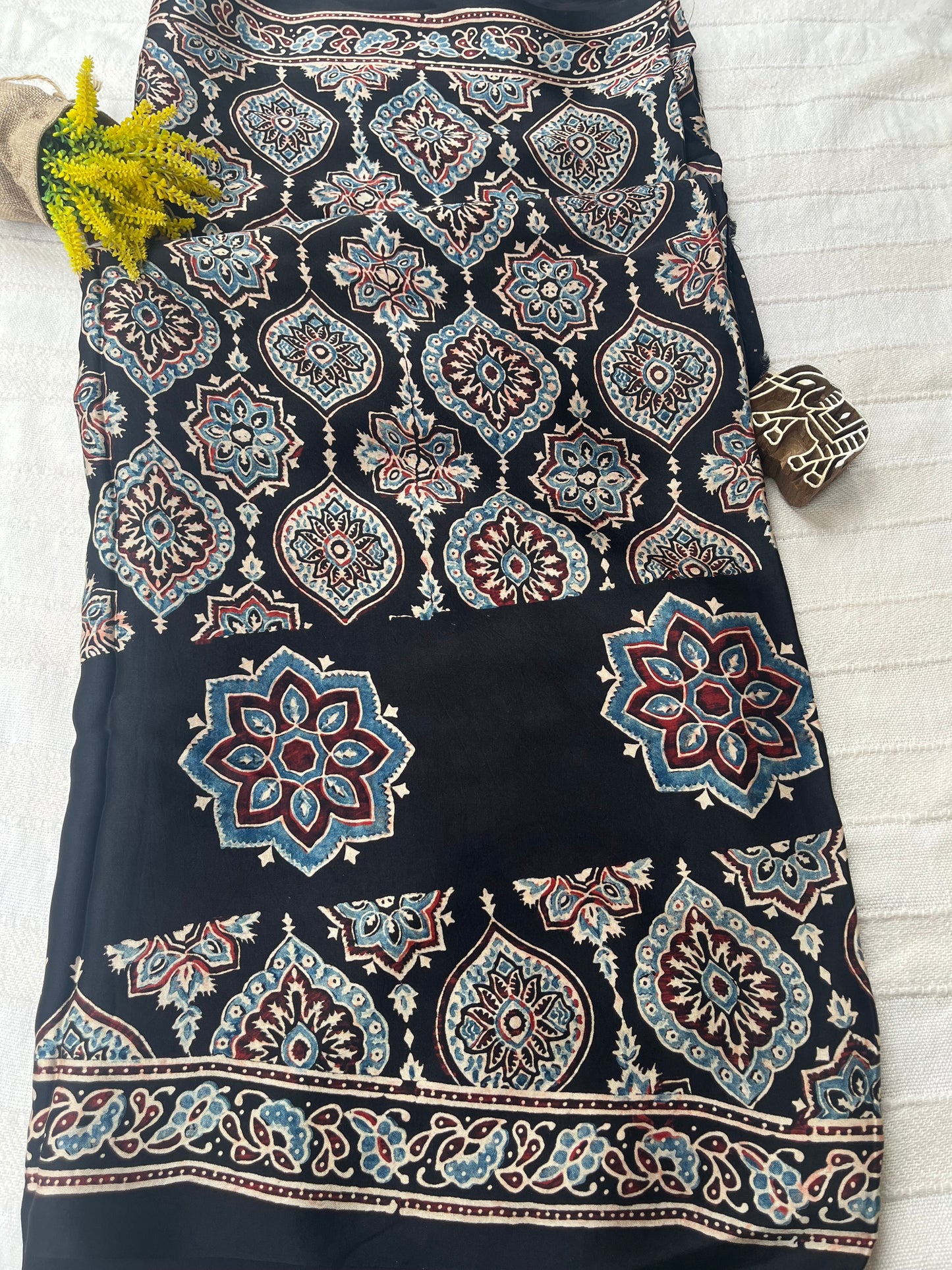 Contemporary Ajrakh Modal Silk Saree - Black Badam Butta