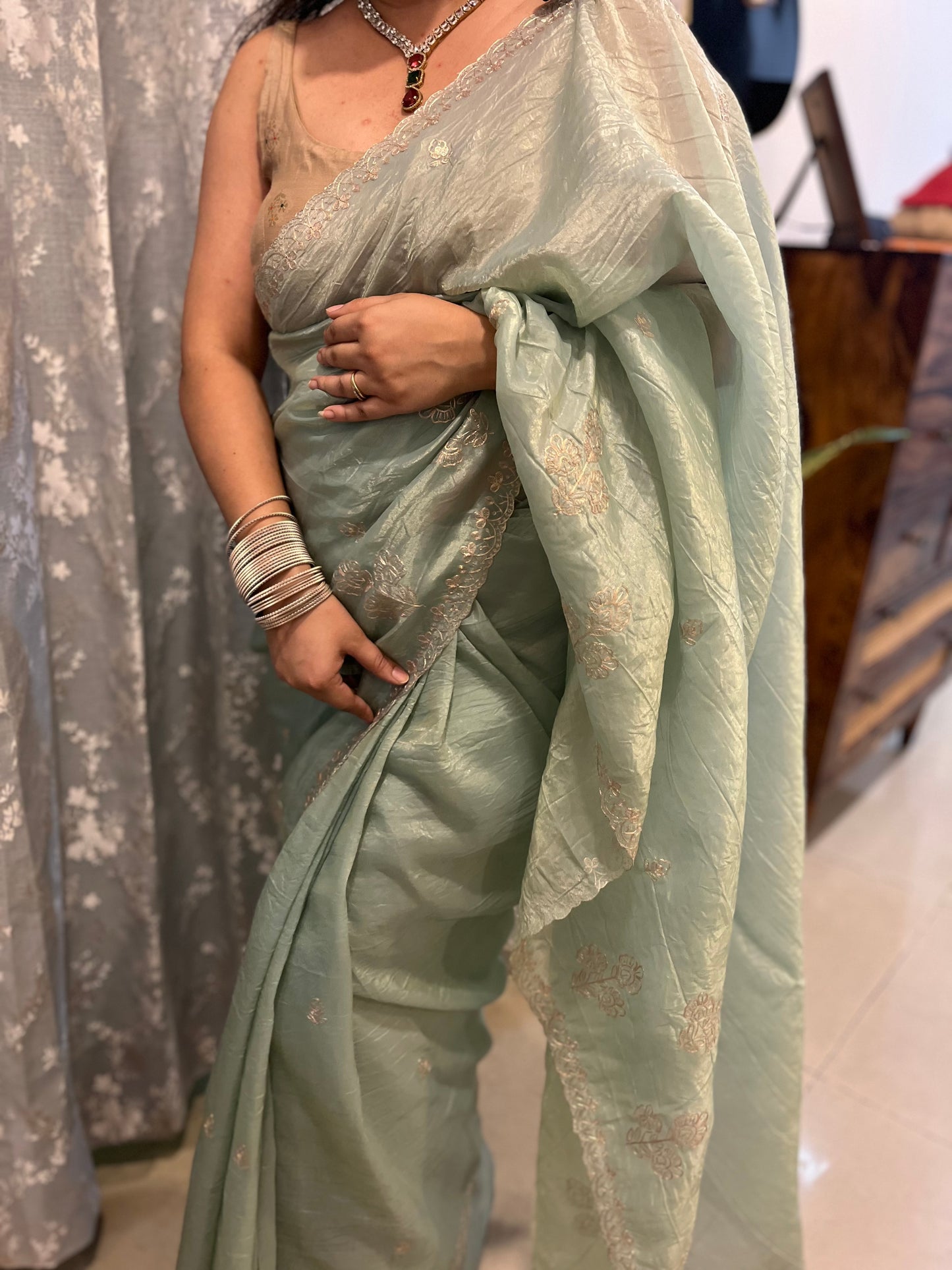 Pitta Work Crepe Tissue Saree - Sea Green