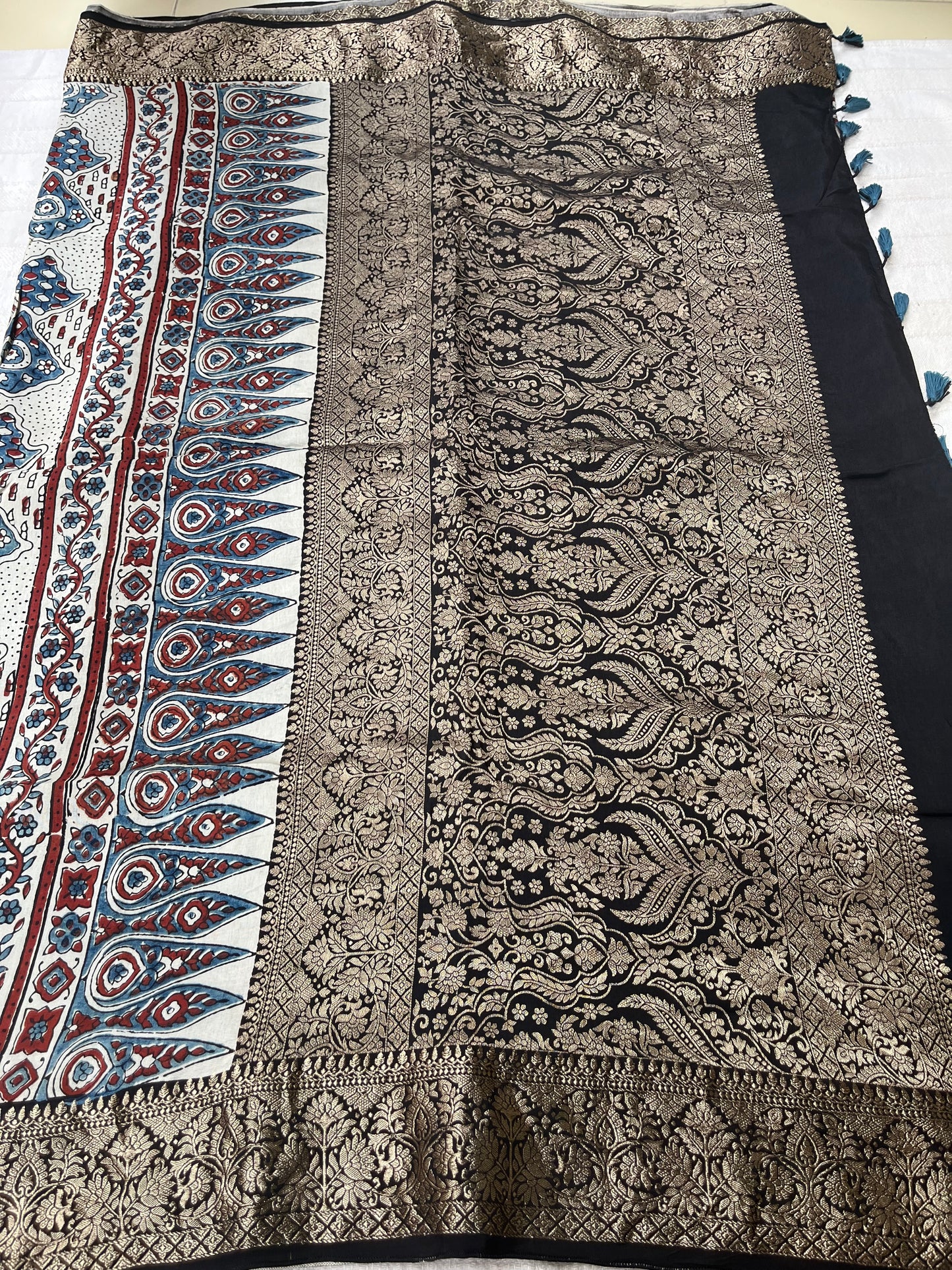 Ajrakh Dola Silk Saree - Pearl White Buttis (with tassels)