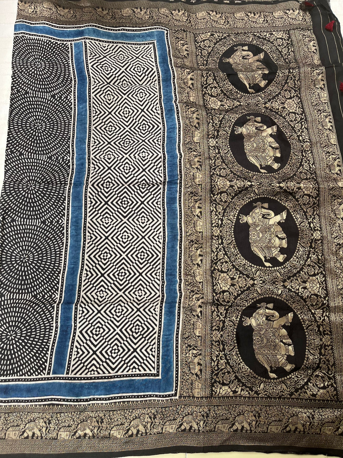 Ajrakh Dola Silk Saree - Black Geometric Pattern (with tassels)