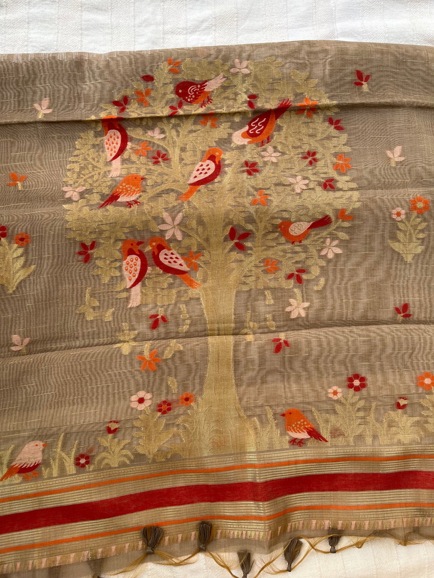 Chanderi Cotton Jamdani Saree - Ivory-Brown Bageecha