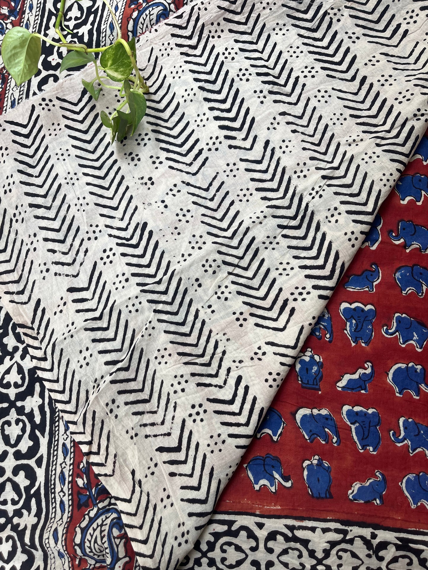 Quirky Elephant Handblock Mul Cotton Saree - Red-Blue