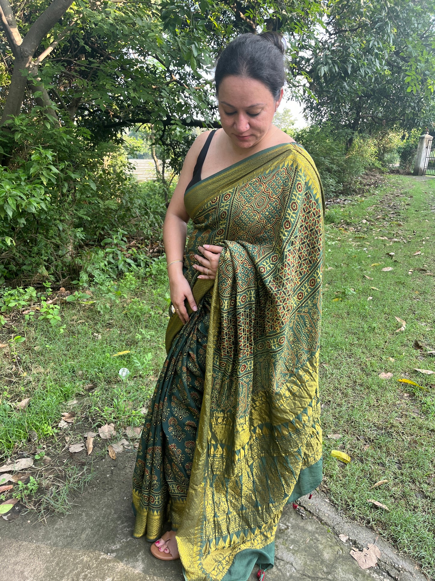 Ajrakh Dola Silk Saree - Green (with tassels)