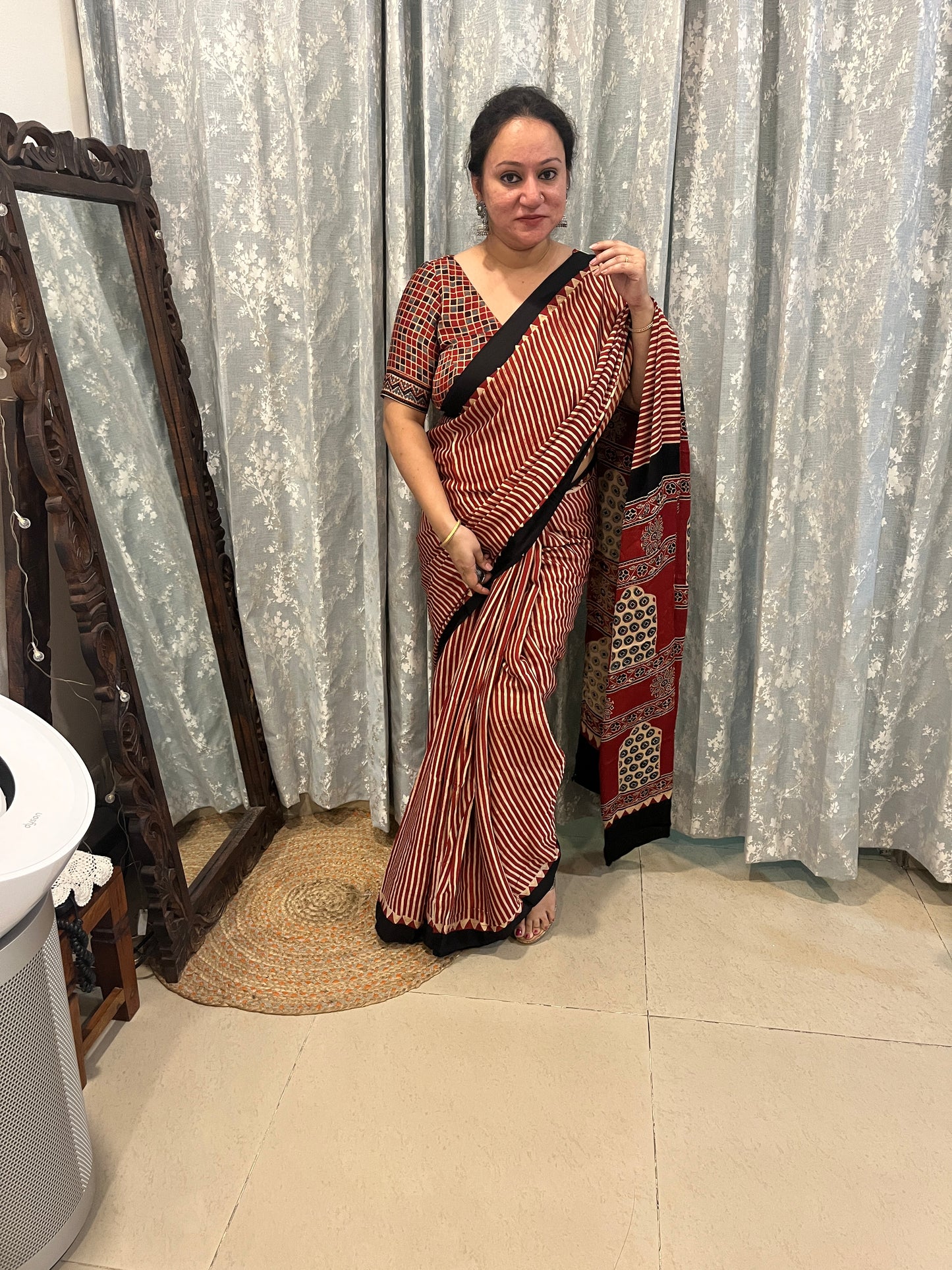 Contemporary Ajrakh Modal Silk Saree -Red Stripes