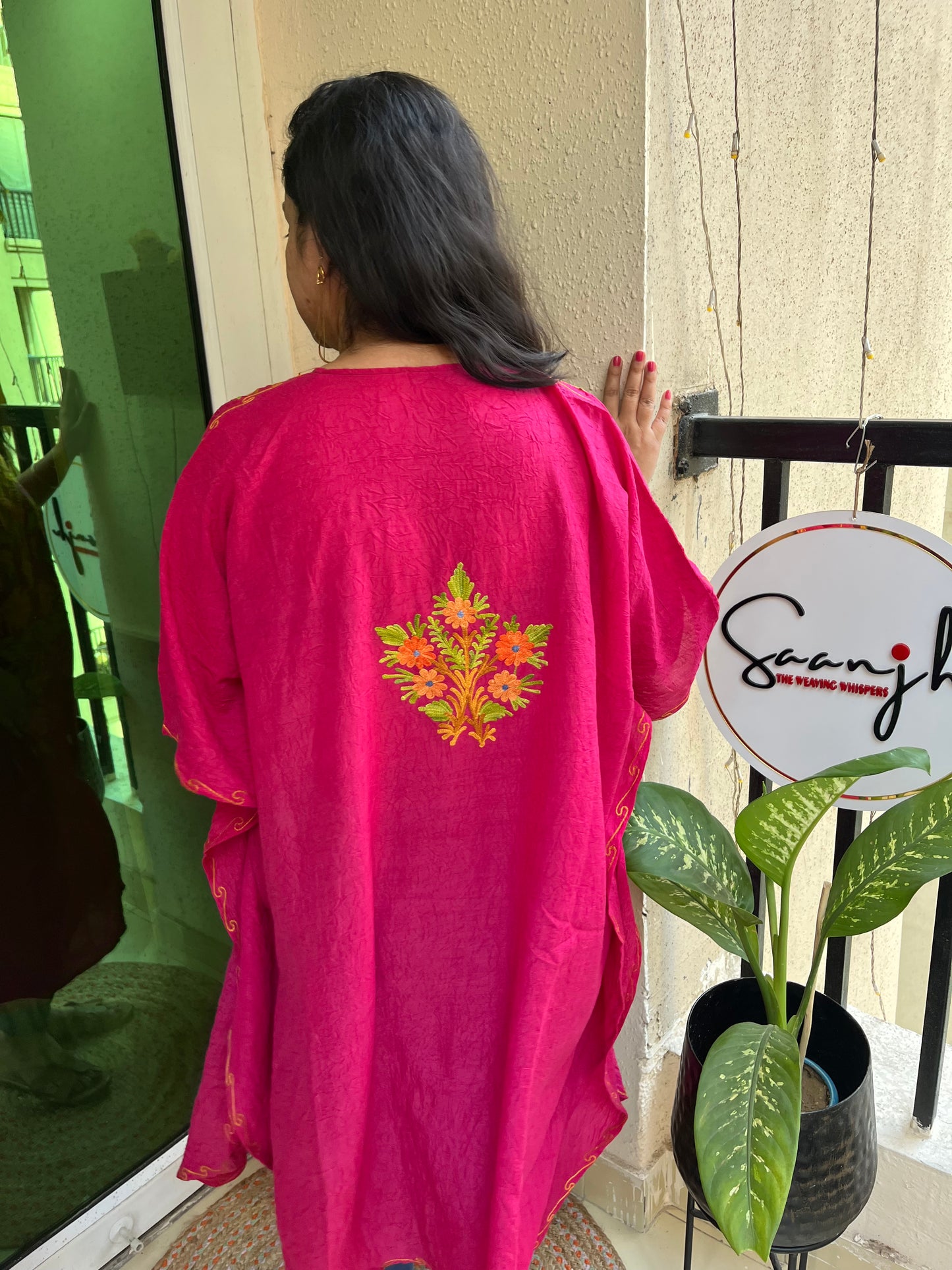 Crush Cotton Aariwork Kaftan - Rani Pink