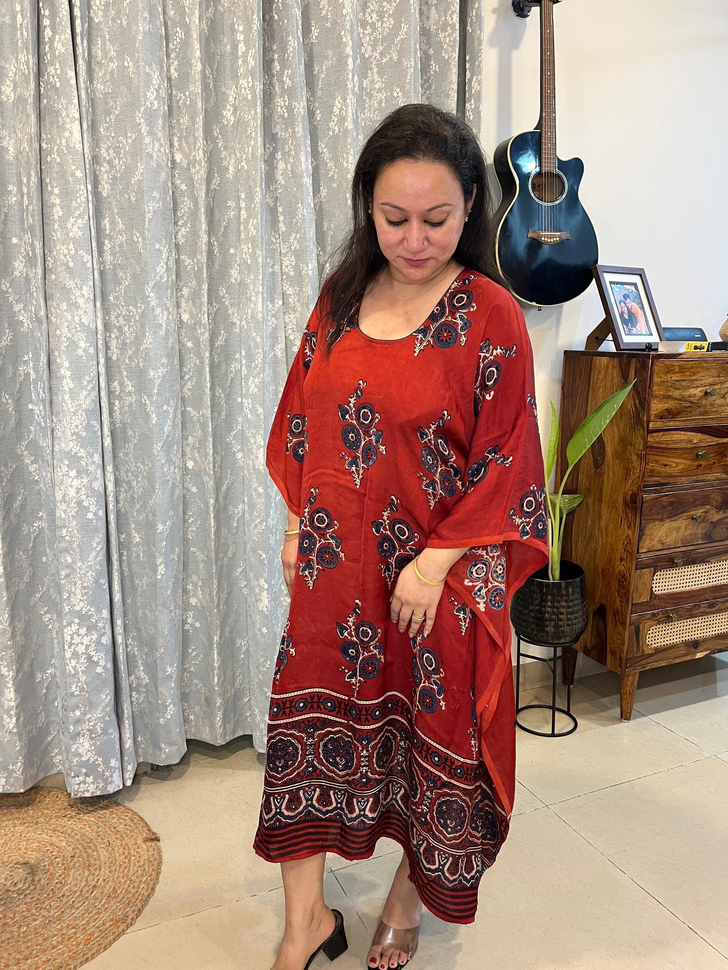 Ajrakh Modal Silk Kaftan - Red Flower