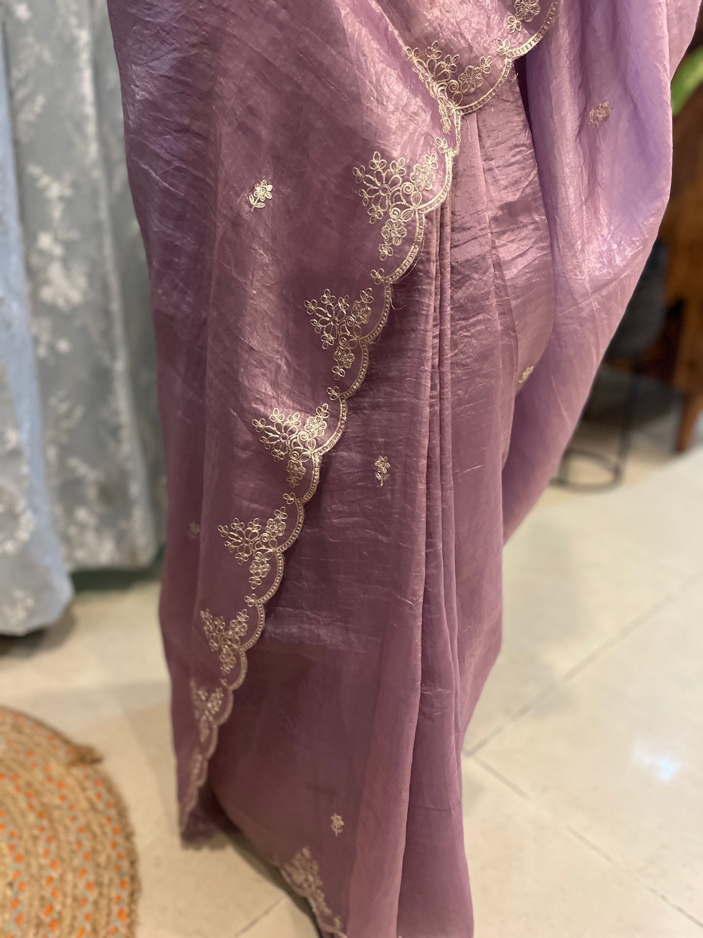 Pitta Work Crepe Tissue Saree - Lavender