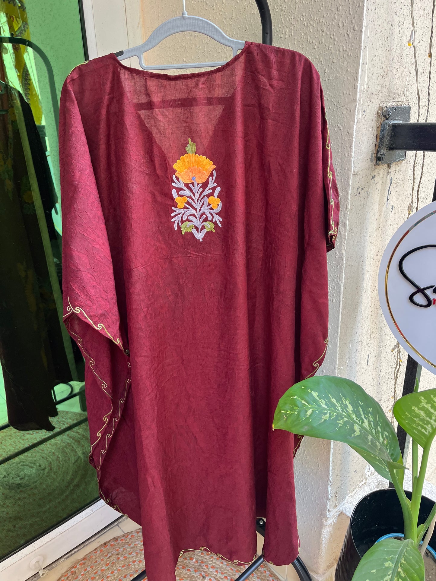 Crush Cotton Aariwork Kaftan - Maroon