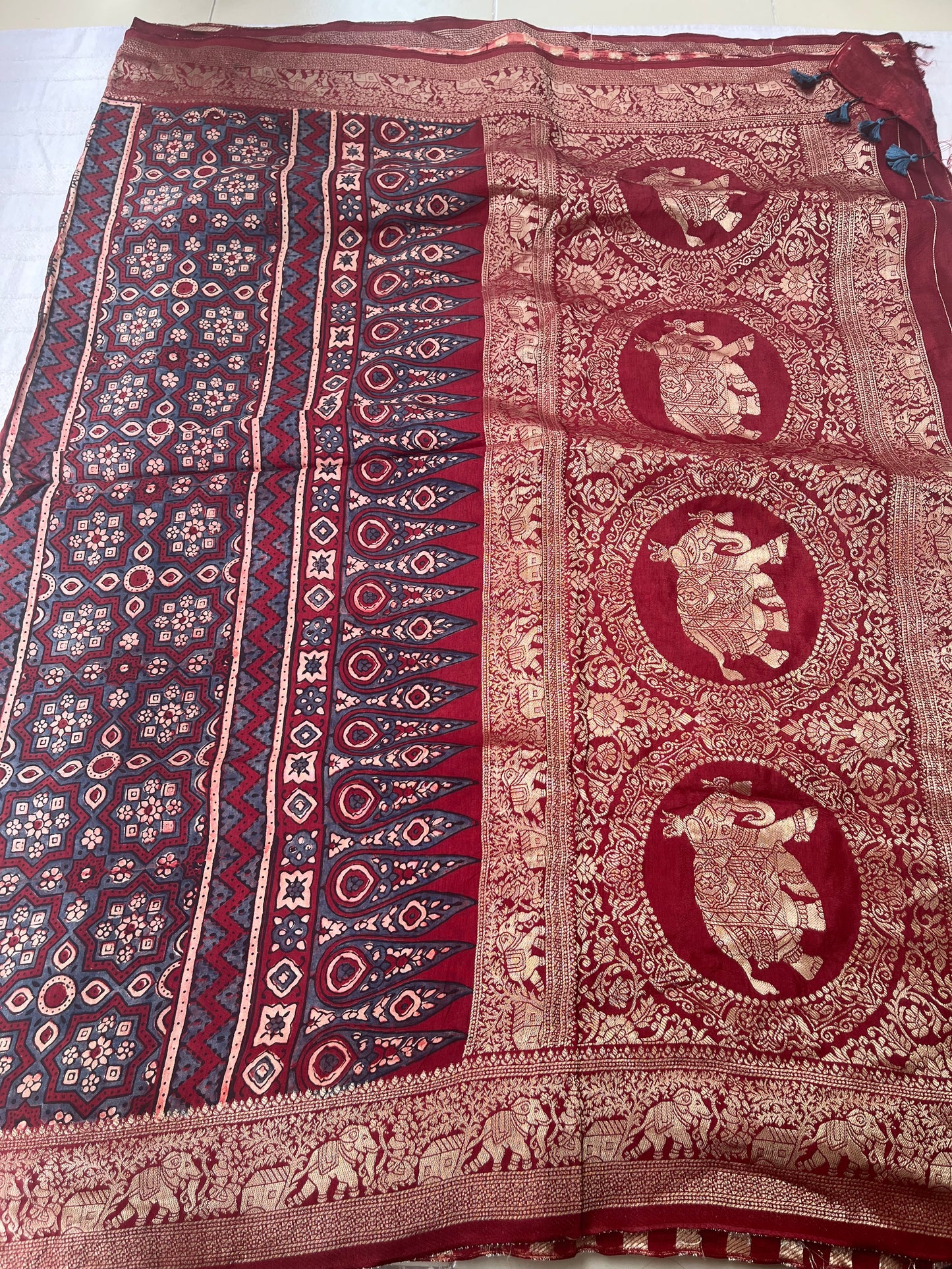 Ajrakh Dola Silk Saree - Deep Red Flower Buttis (with tassels)