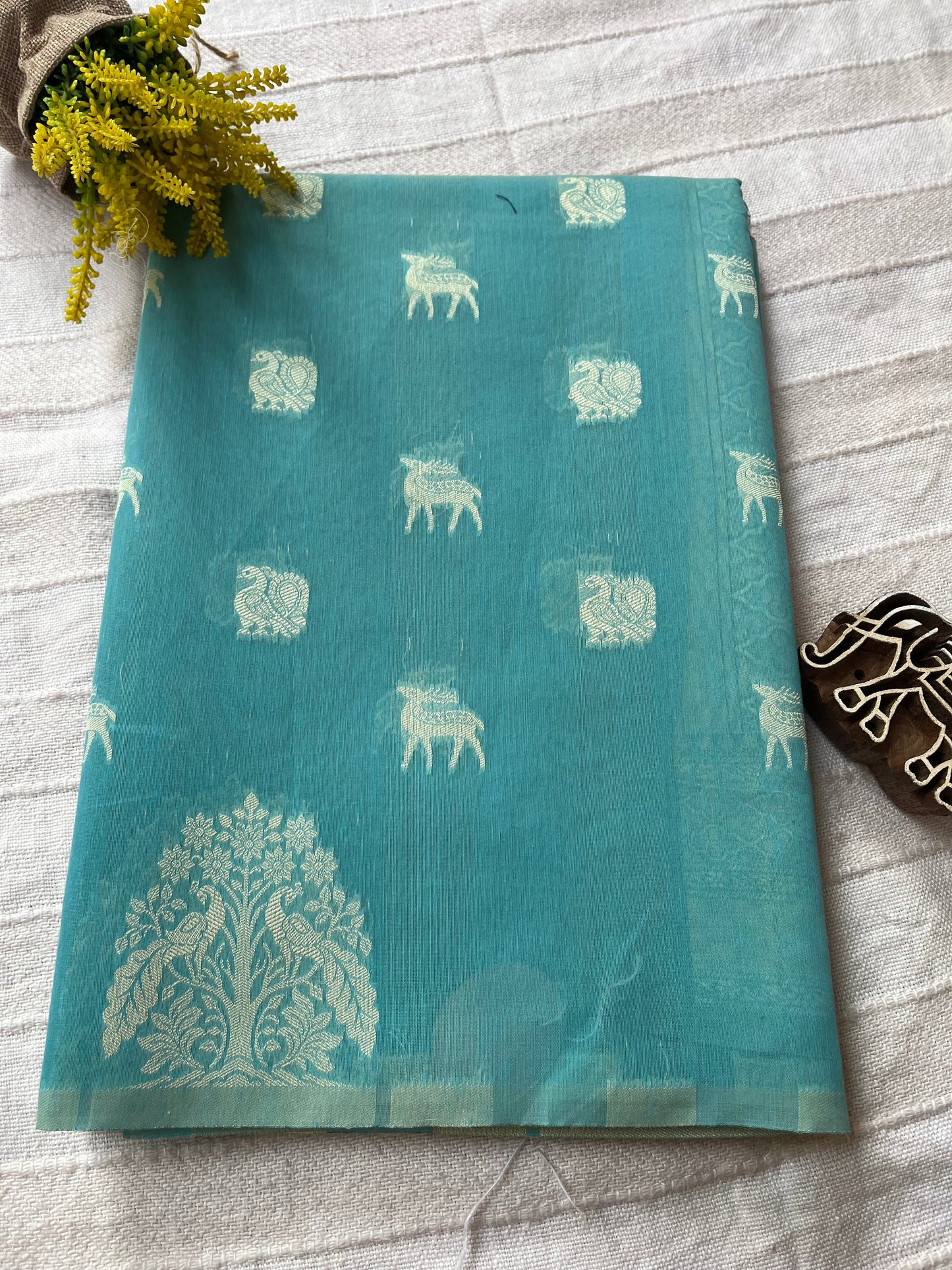 Mercerised Cotton Saree with Dear & Peacock Weaving - Aqua Blue