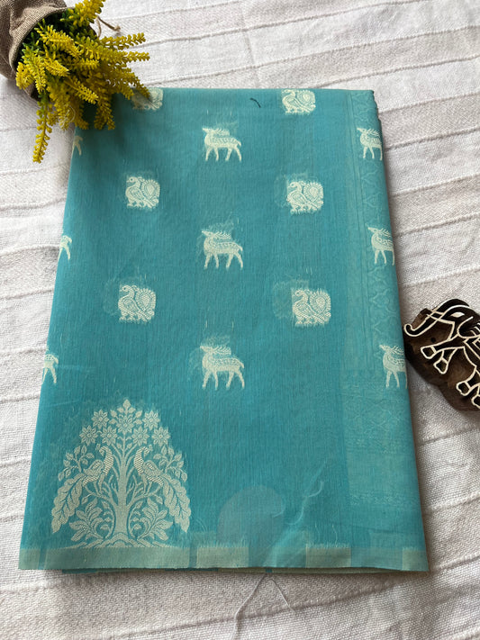 Mercerised Cotton Saree with Dear & Peacock Weaving - Aqua Blue