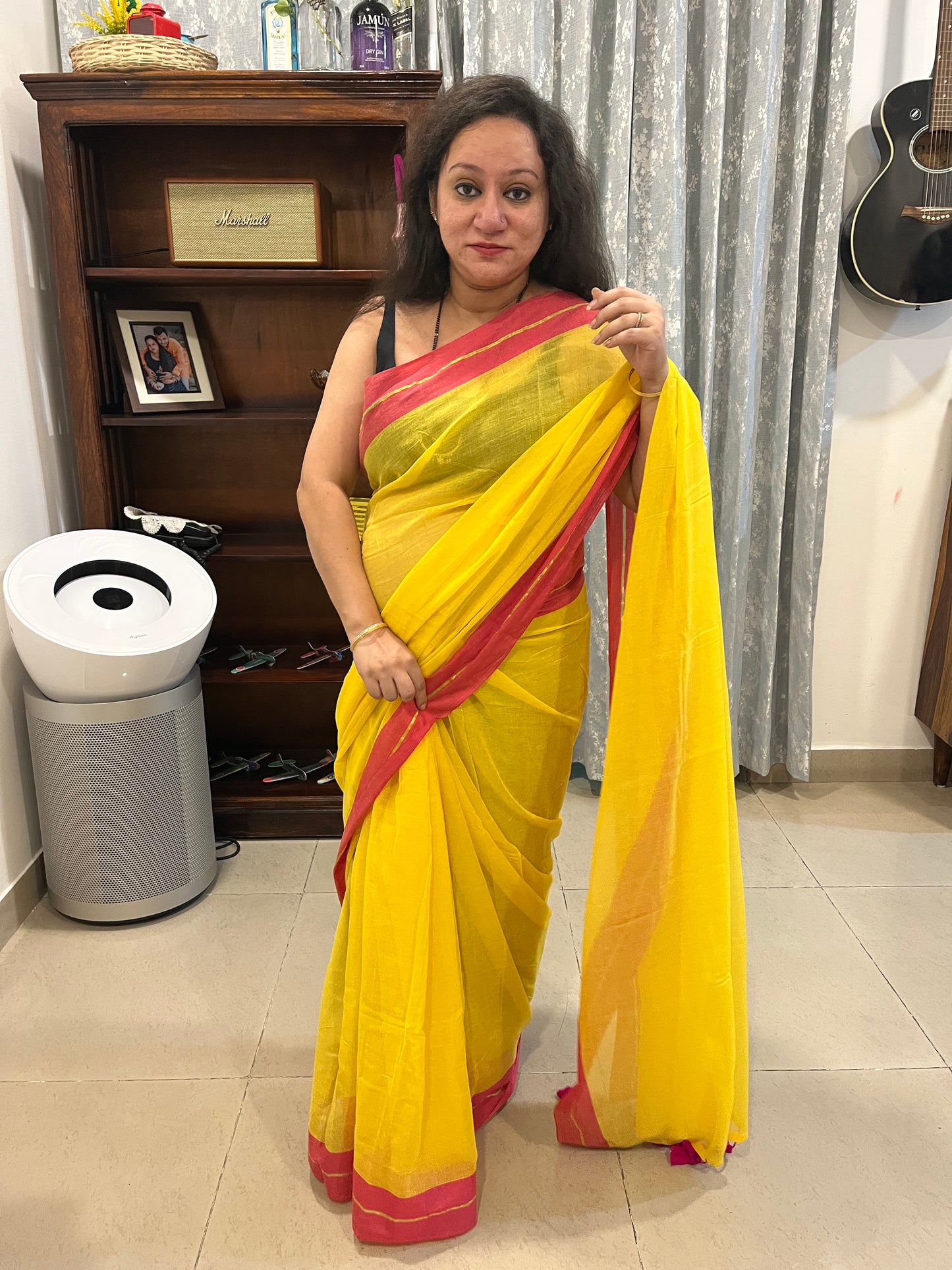 Zari Mul Cotton Saree - Yellow with Pink Border (No Blouse piece)