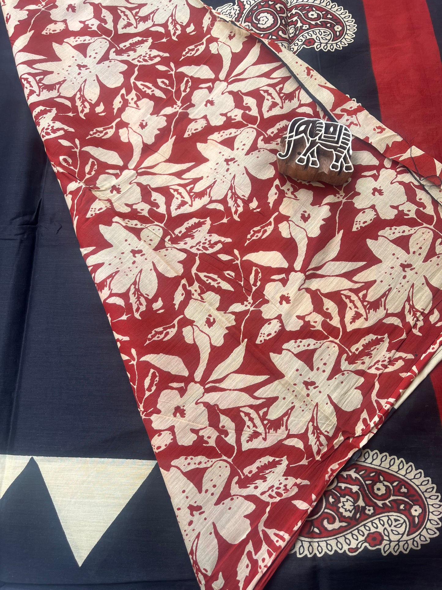Contemporary Ajrakh Mul Cotton Saree - Black with Temple Border