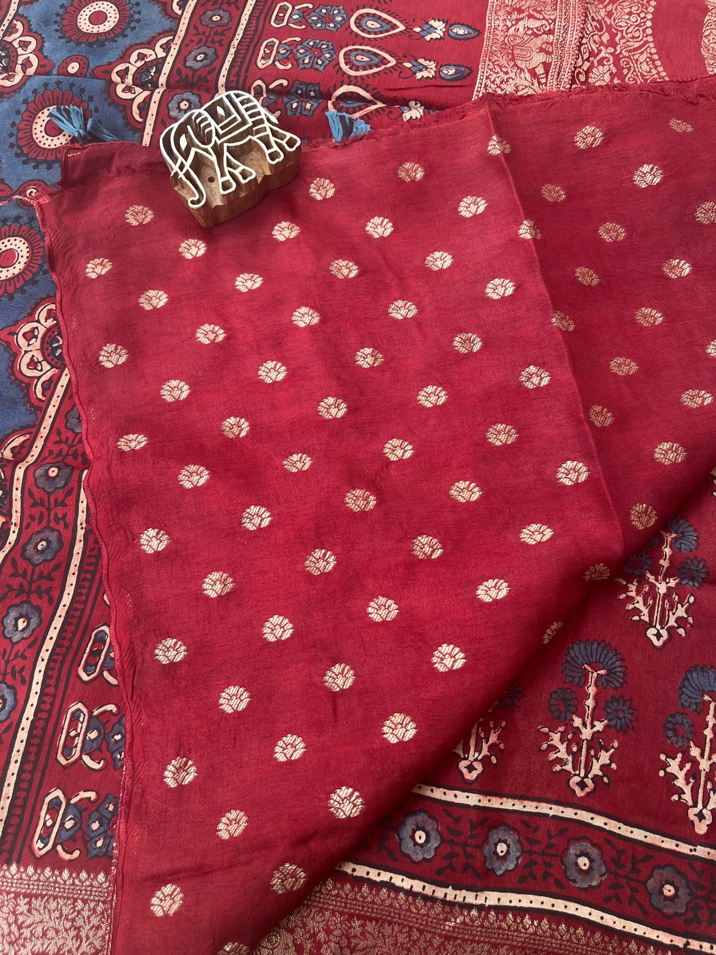 Ajrakh Dola Silk Saree - Deep Red Flower (with tassels)