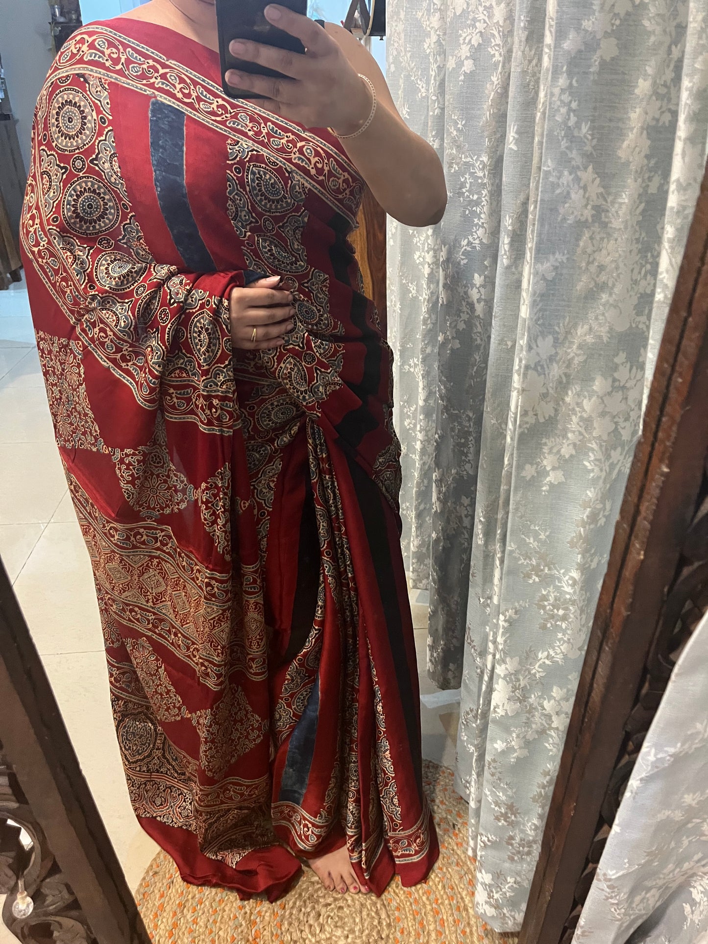 Contemporary Ajrakh Modal Silk Saree - Red