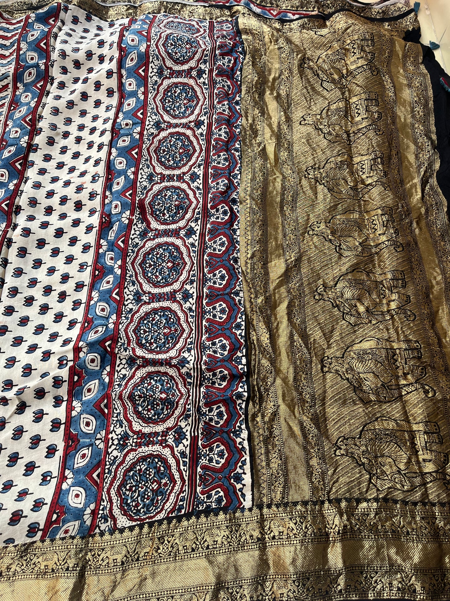 Contemporary Ajrakh Dola Silk Saree - Black Stripes (with tassels)