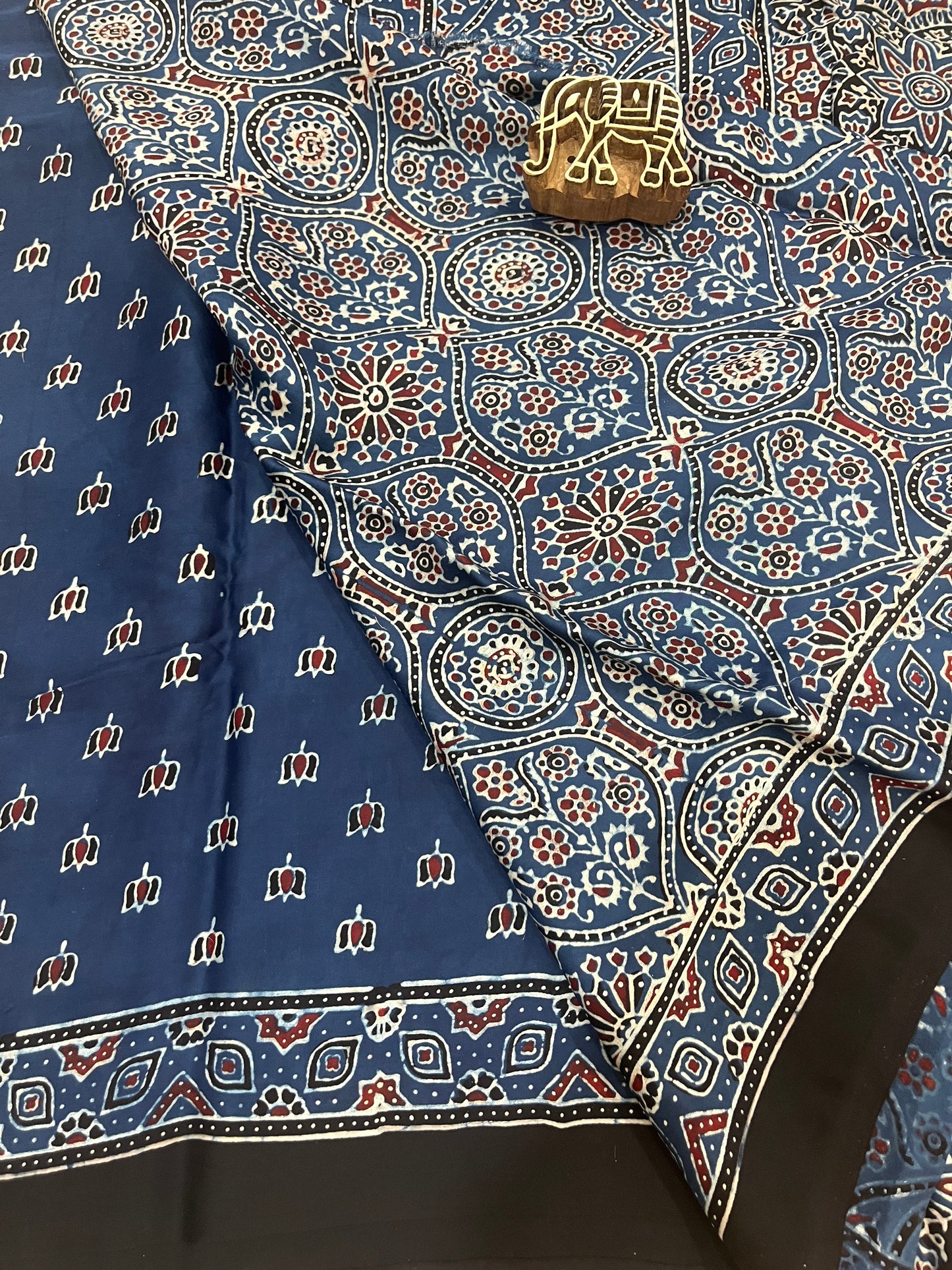 Ajrakh Modal Silk Saree - Indigo Lotus Motifs