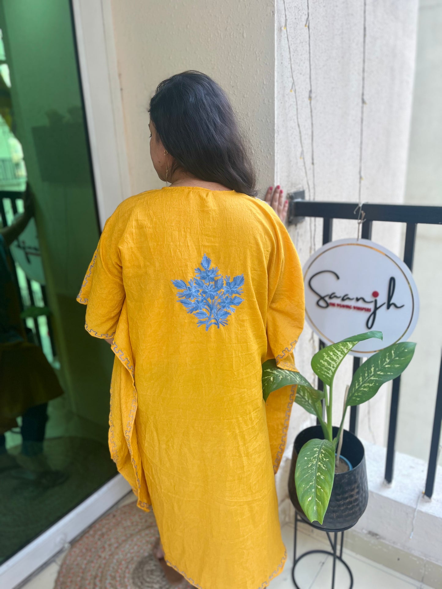 Crush Cotton Aariwork Kaftan - Yellow