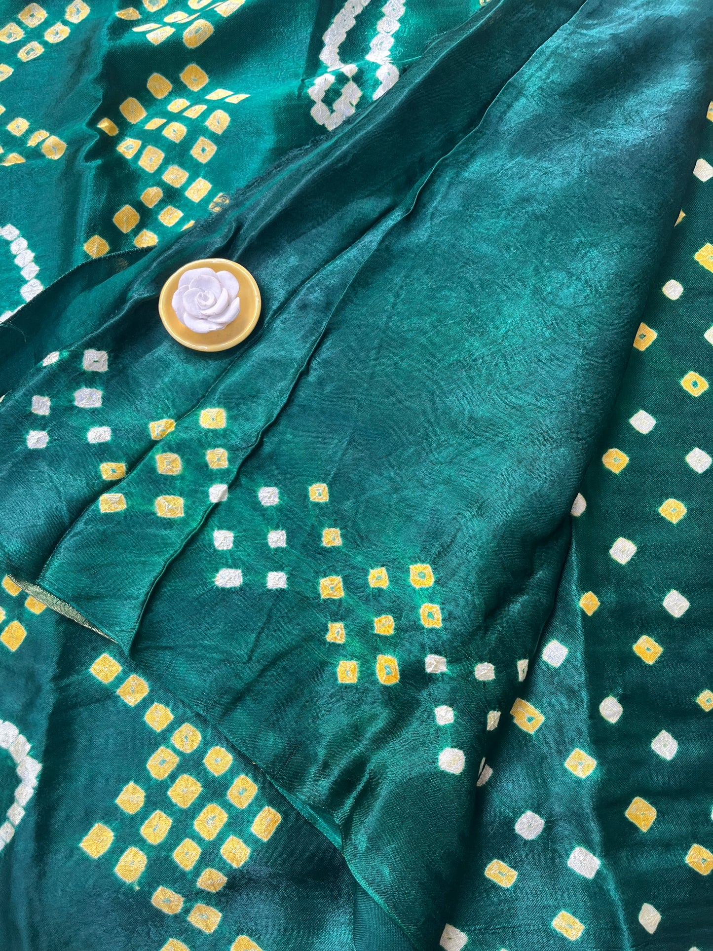 Bandhani Modal Silk saree with Tissue Palla - Bottle Green with White Yellow Bandhej