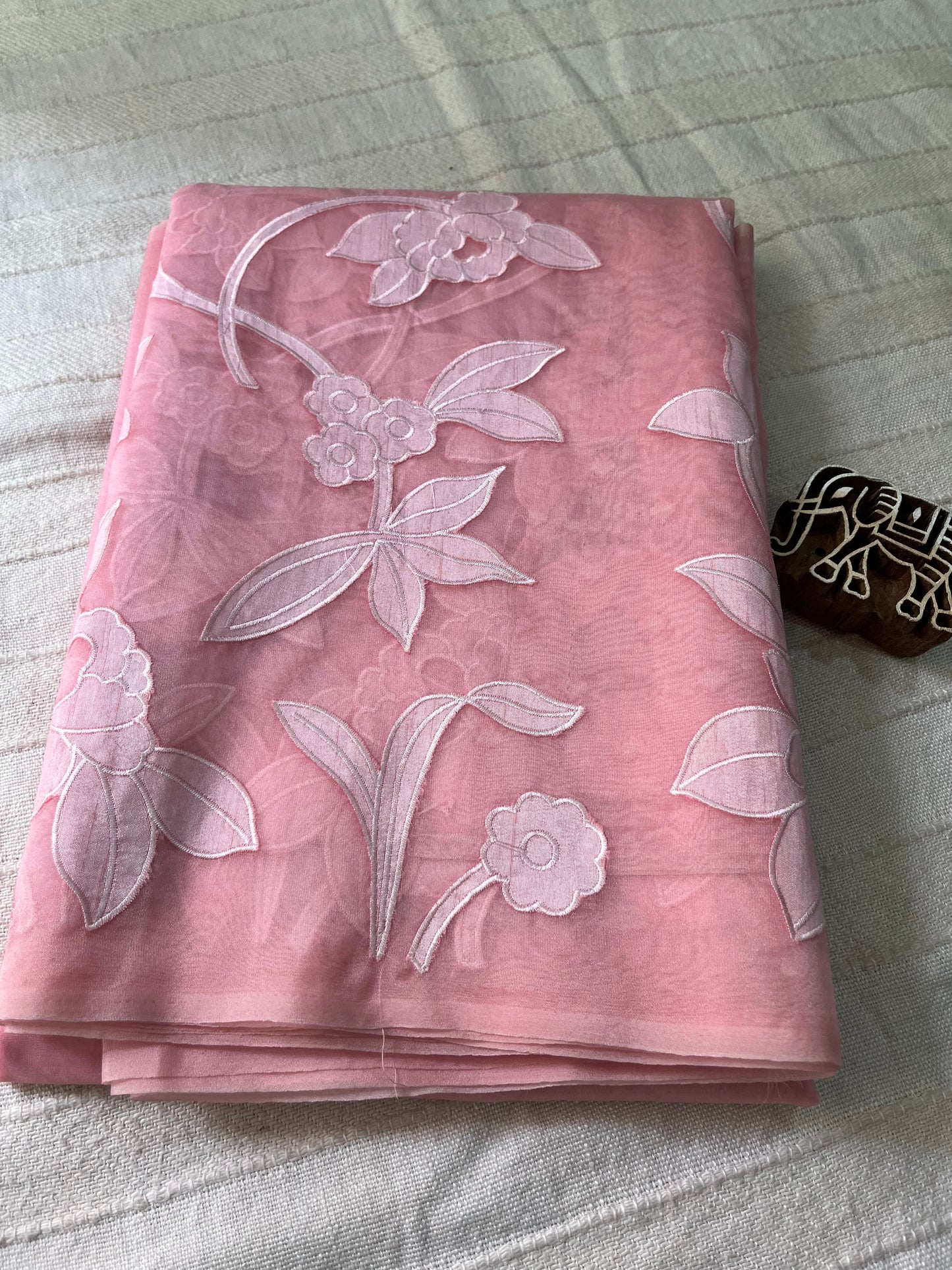 Pure Organza Applique Work Saree - Peachy Pink
