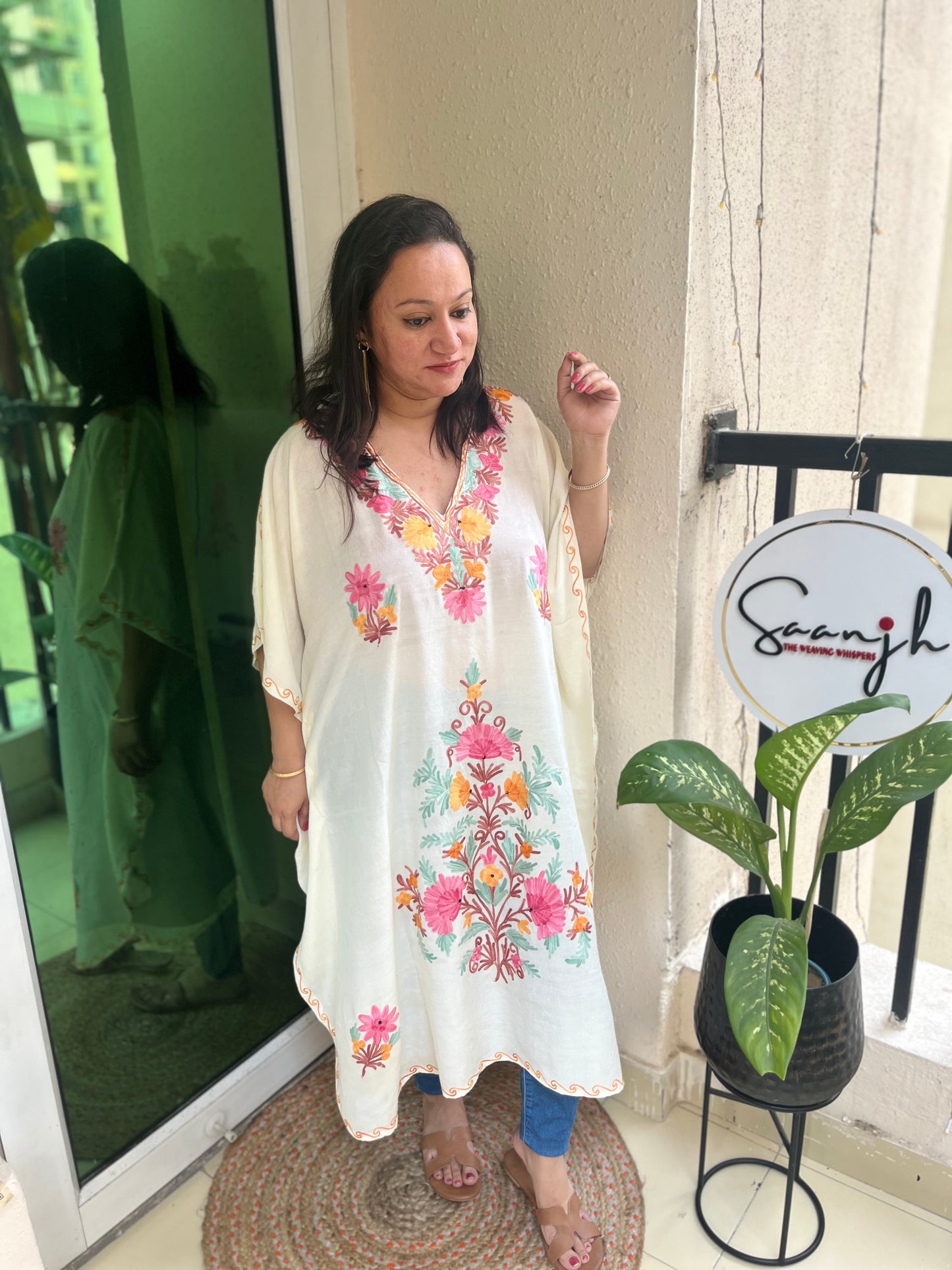 Crush Cotton Aariwork Kaftan - White