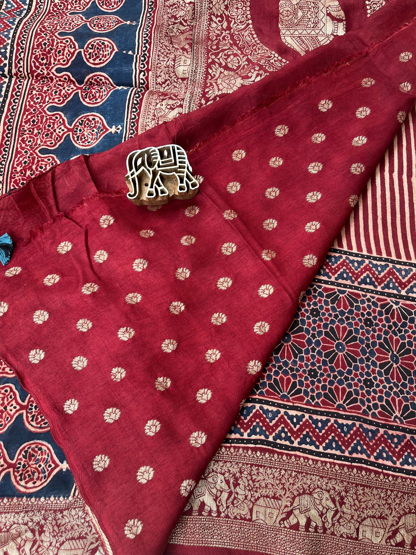 Ajrakh Dola Silk Saree - Contemporary Deep Red Stripes (with tassels)