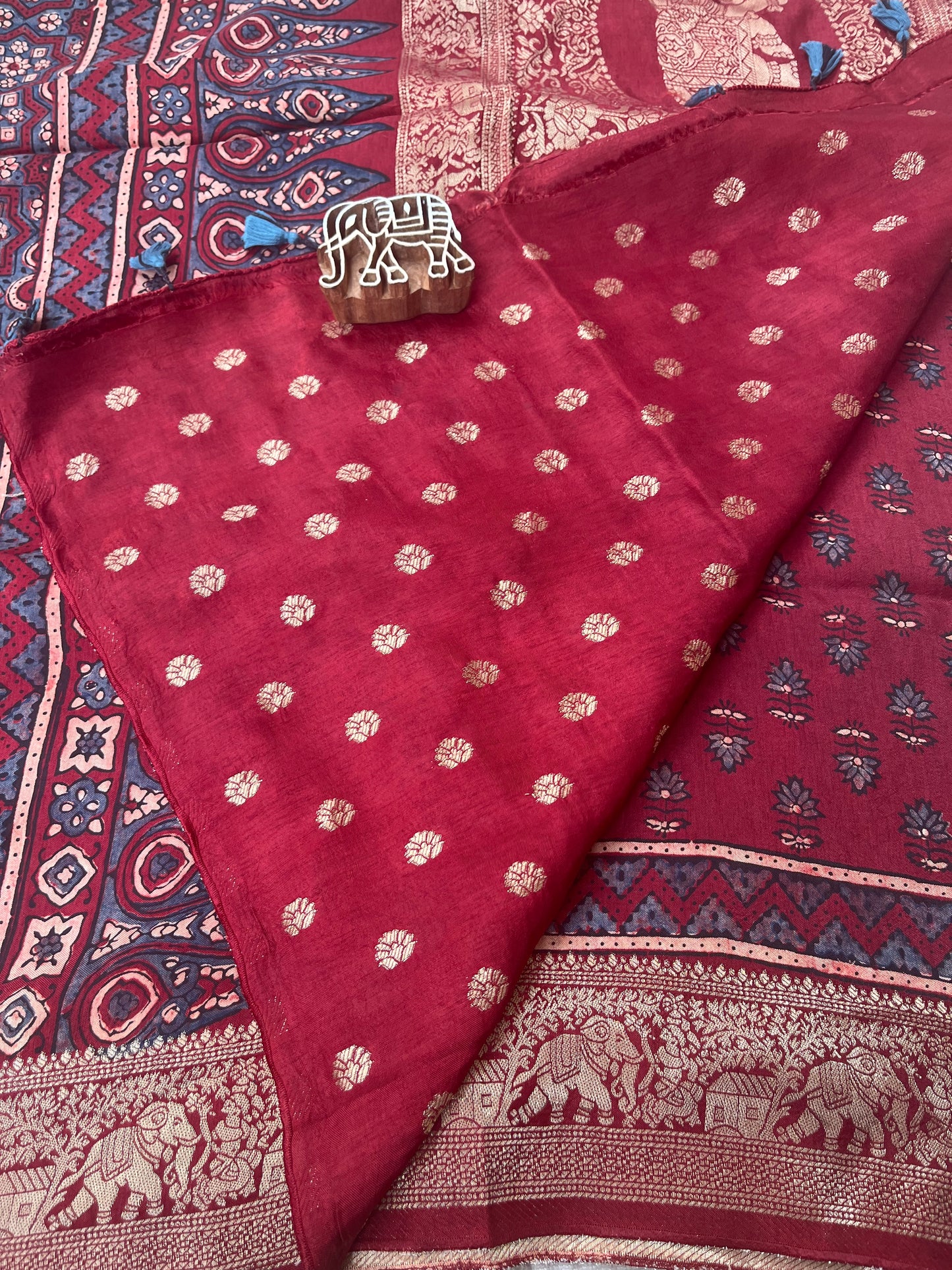 Ajrakh Dola Silk Saree - Deep Red Flower Buttis (with tassels)