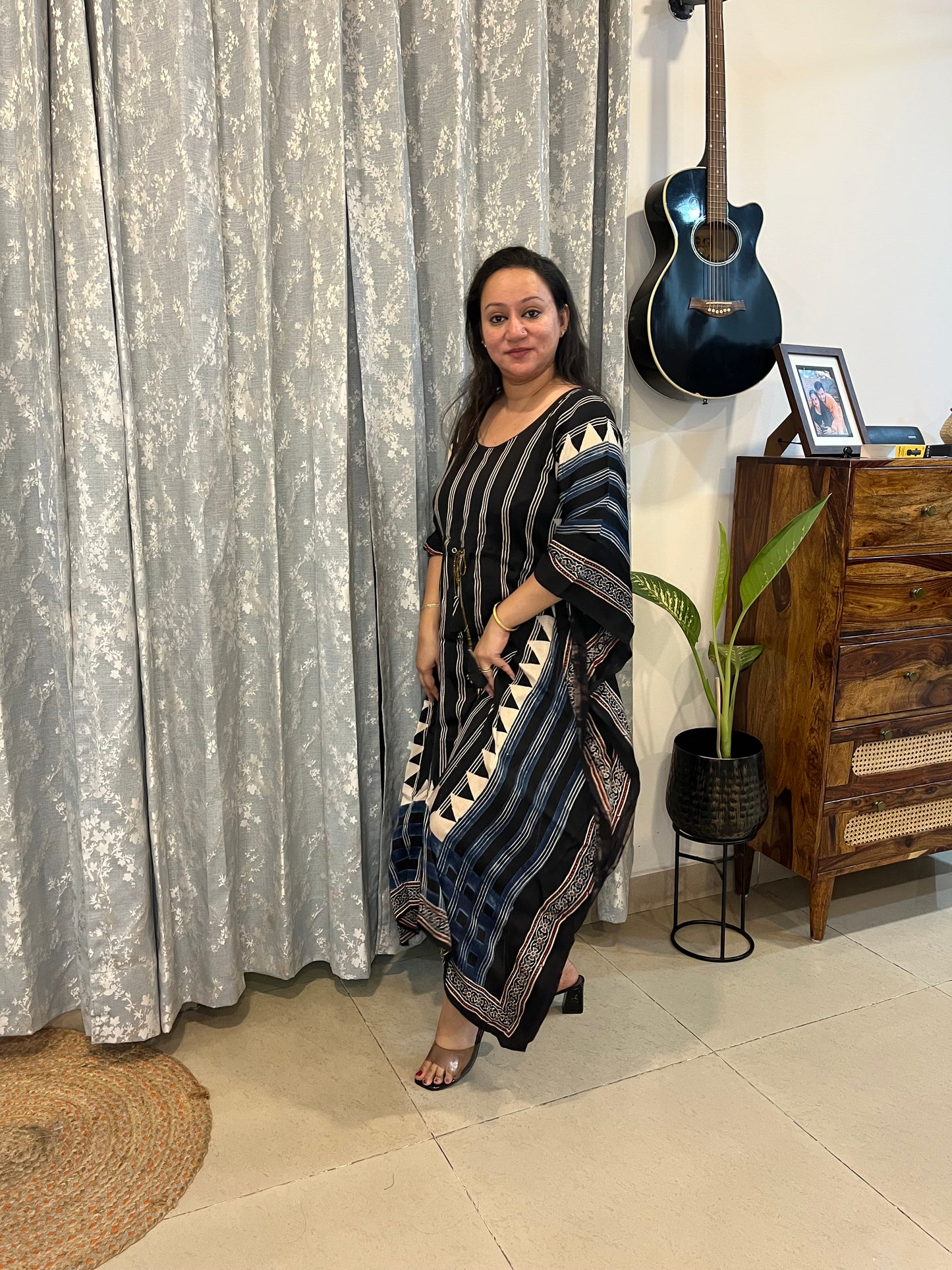 Ajrakh Modal Silk Kaftan - Black Stripes